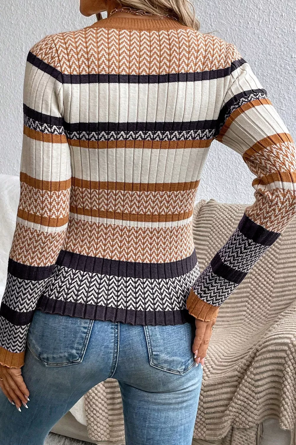 Stripe Stylish Pattern Knitted Ribbed Trim Slim Sweater, image 3
