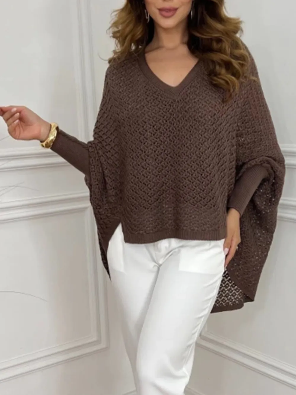 Crochet V-Neck Batwing Sleeves Oversized Sweater, image 7