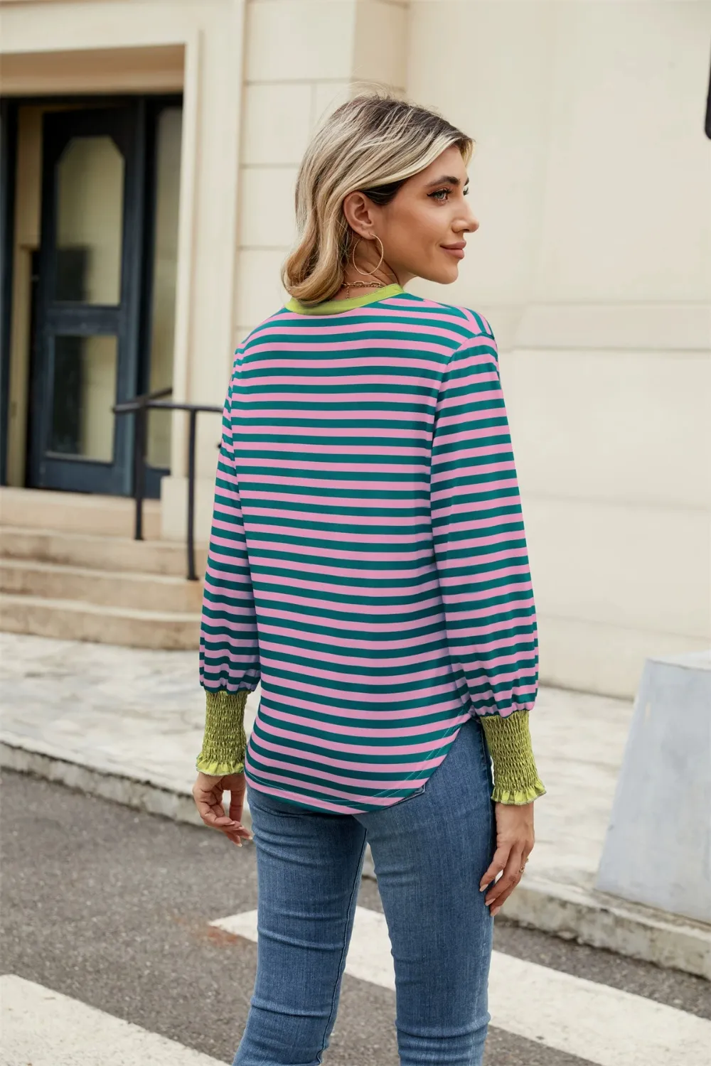 Contrast Striped Notched Long Sleeve Top, image 25