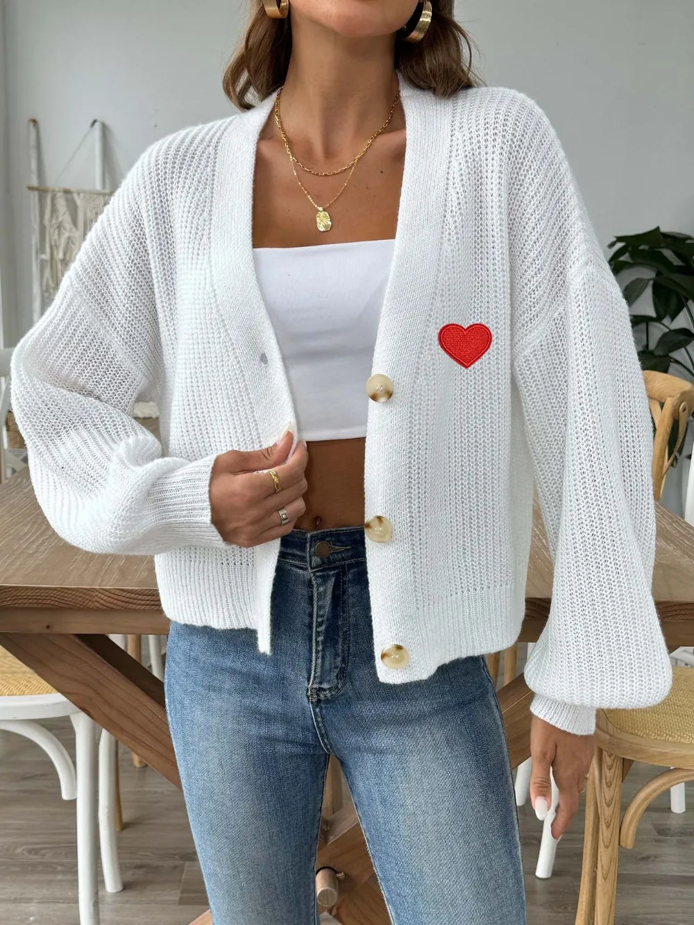 Heart Button Down V-Neck Long Sleeve Cardigan, image 7