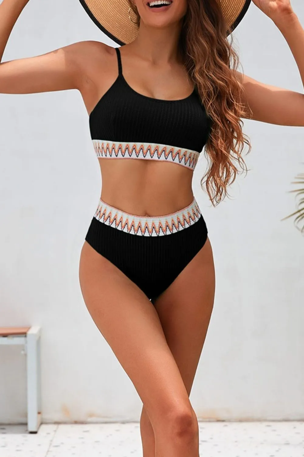 Textured Contrast Banding Bikini High Waist 2pcs Swimsuit, image 3