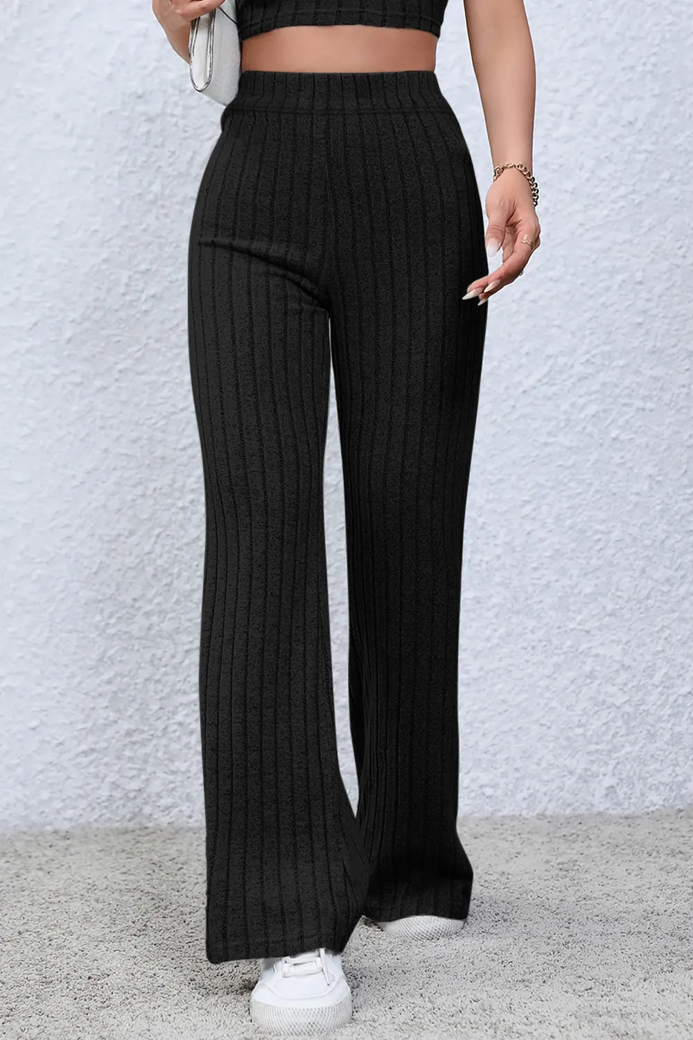 Full Size Ribbed High Waist Flare Pants, image 3