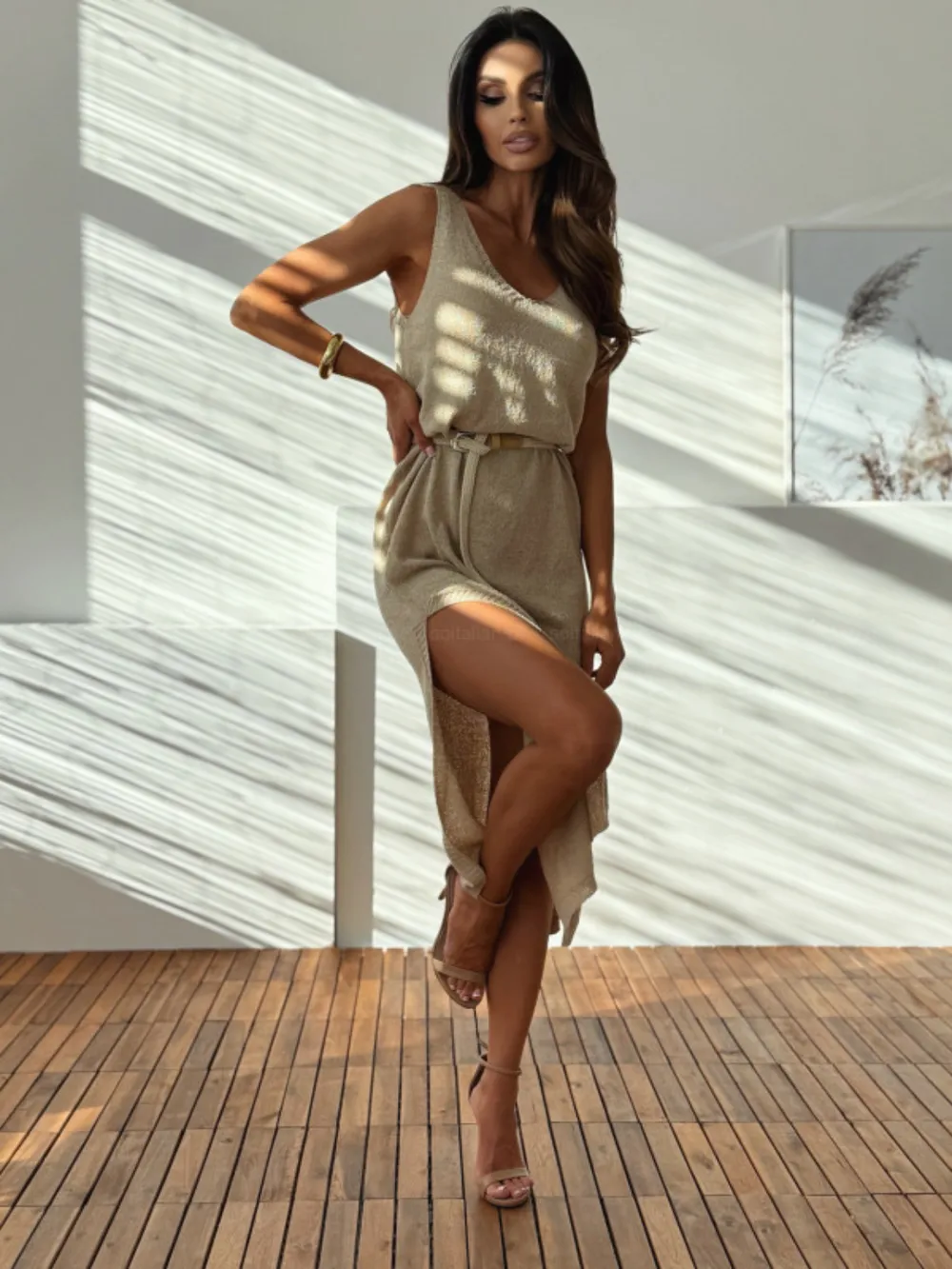 Slit V-Neck Sleeveless Sweater Dress, image 5