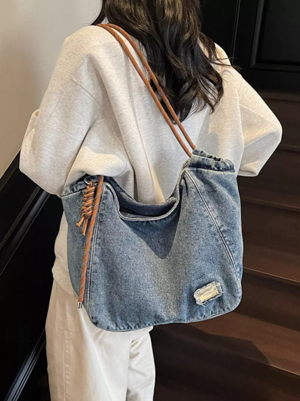 Denim Hobo Tote Bag with Rope Strap, image 2