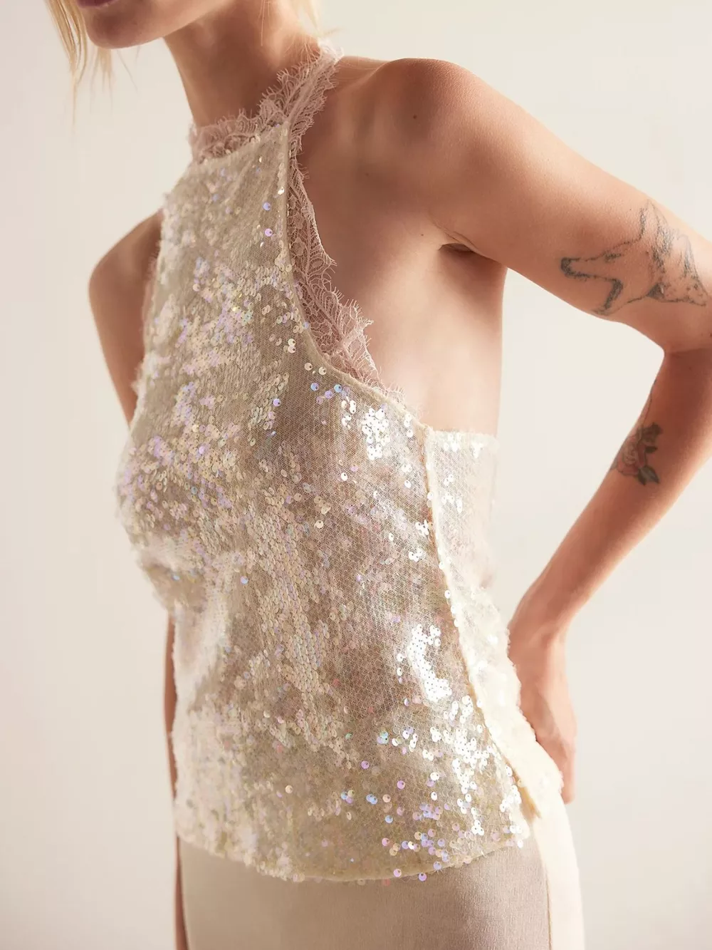Sequin Lace Trim Halter Neck Cami, image 2