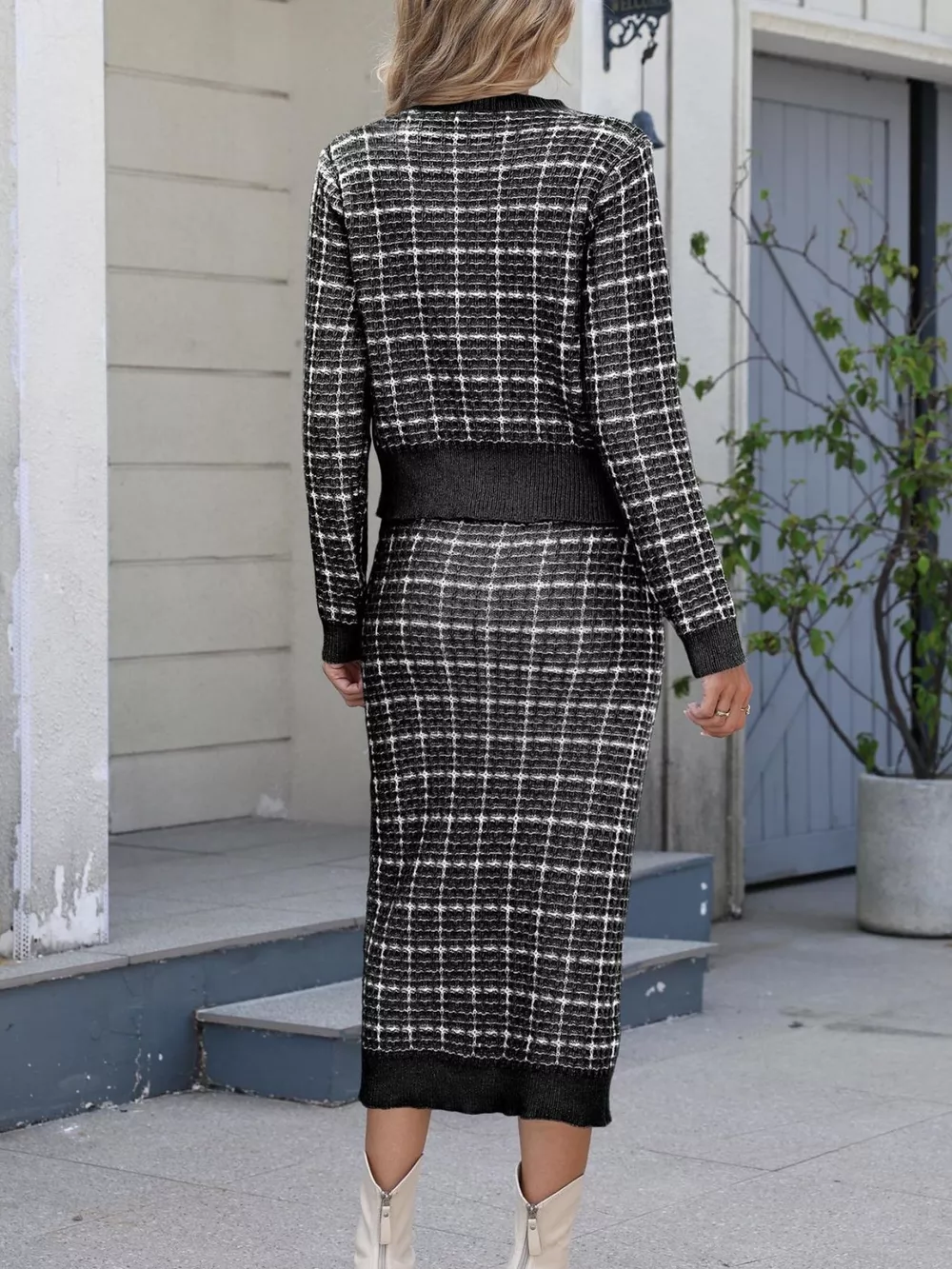 Plaid Knit Cardigan and Midi Skirt Sweater Set, image 11