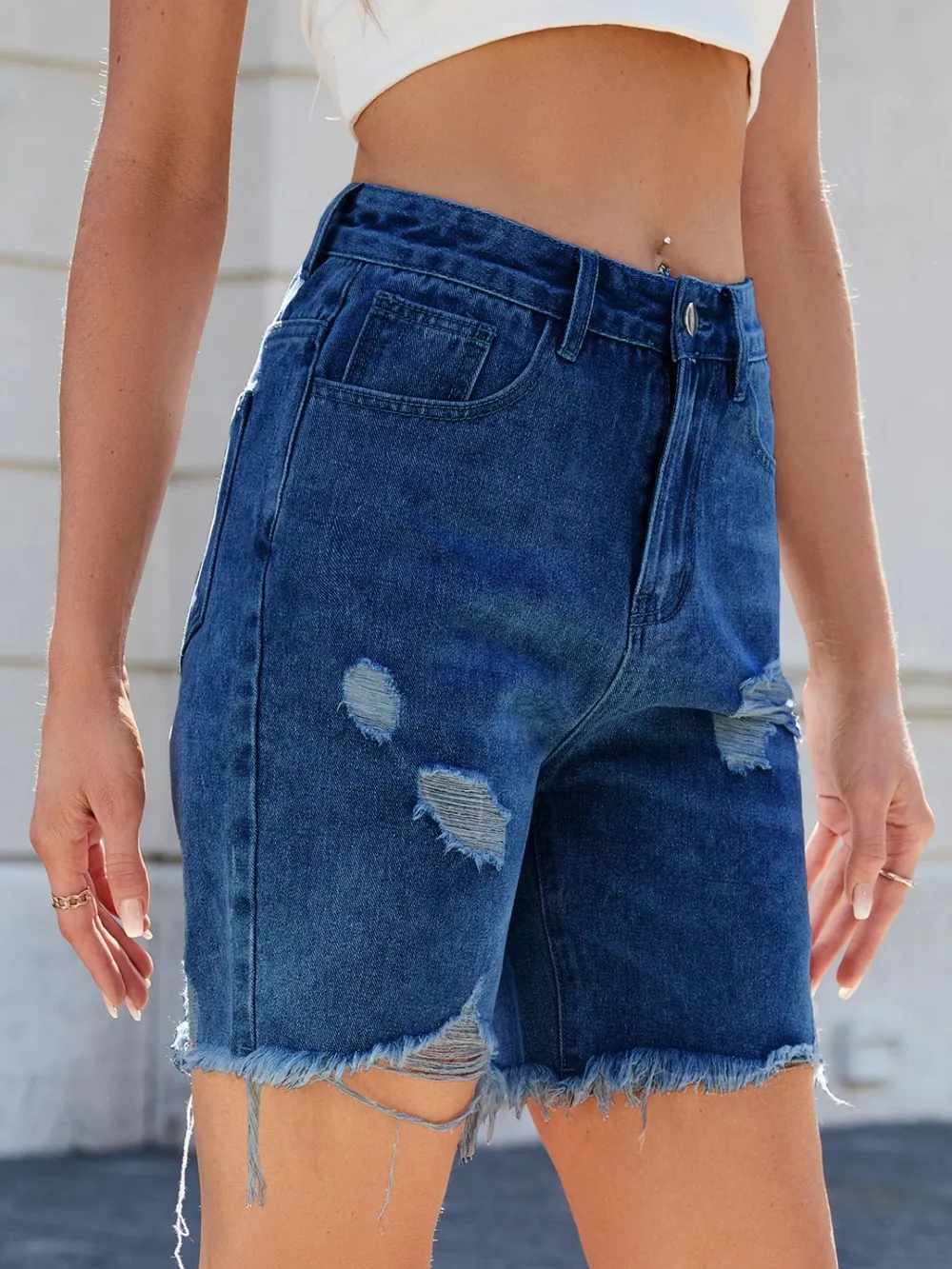 Distressed Raw Hem Denim Shorts, image 2