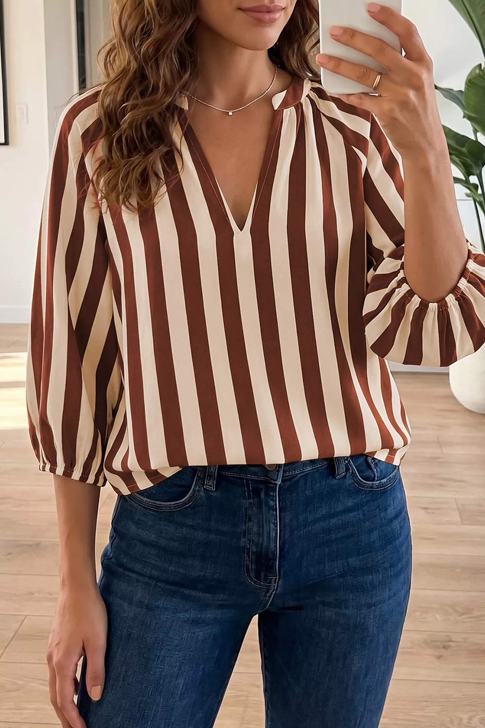 Striped Notched Half Sleeve Casual Blouse