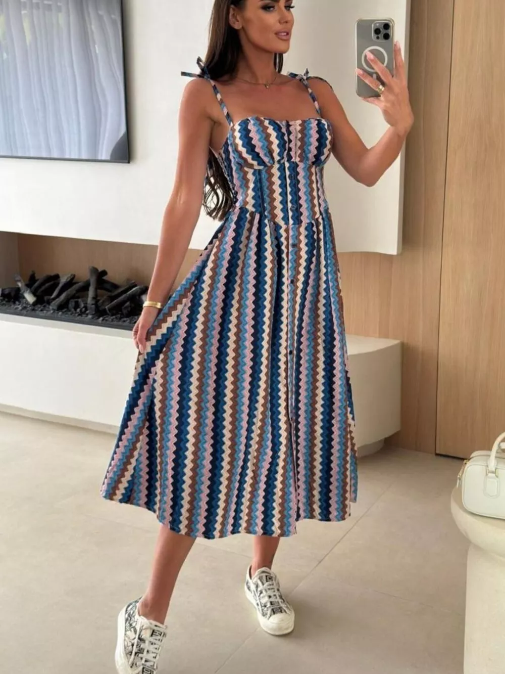 Striped Tie-Shoulder Midi Dress, image 3