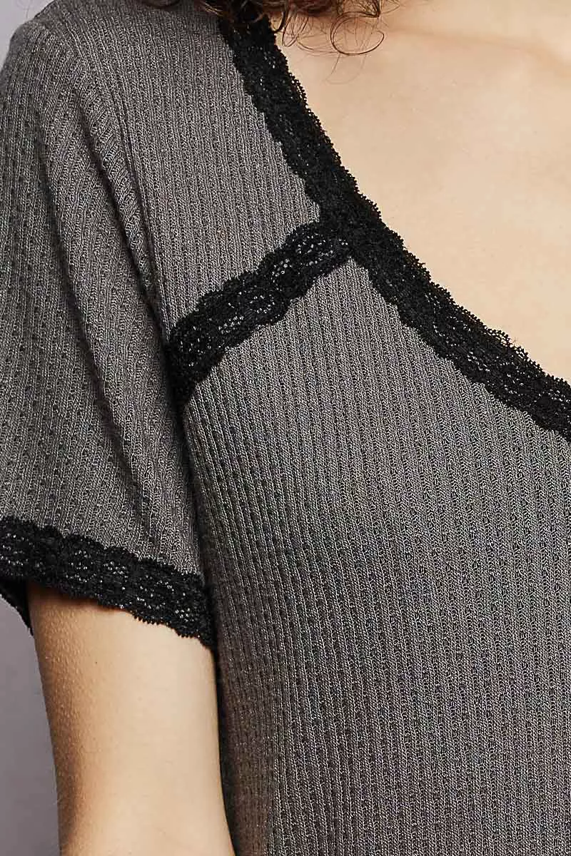 Lace Detail V-Neck Short Sleeve Textured T-Shirt, image 4