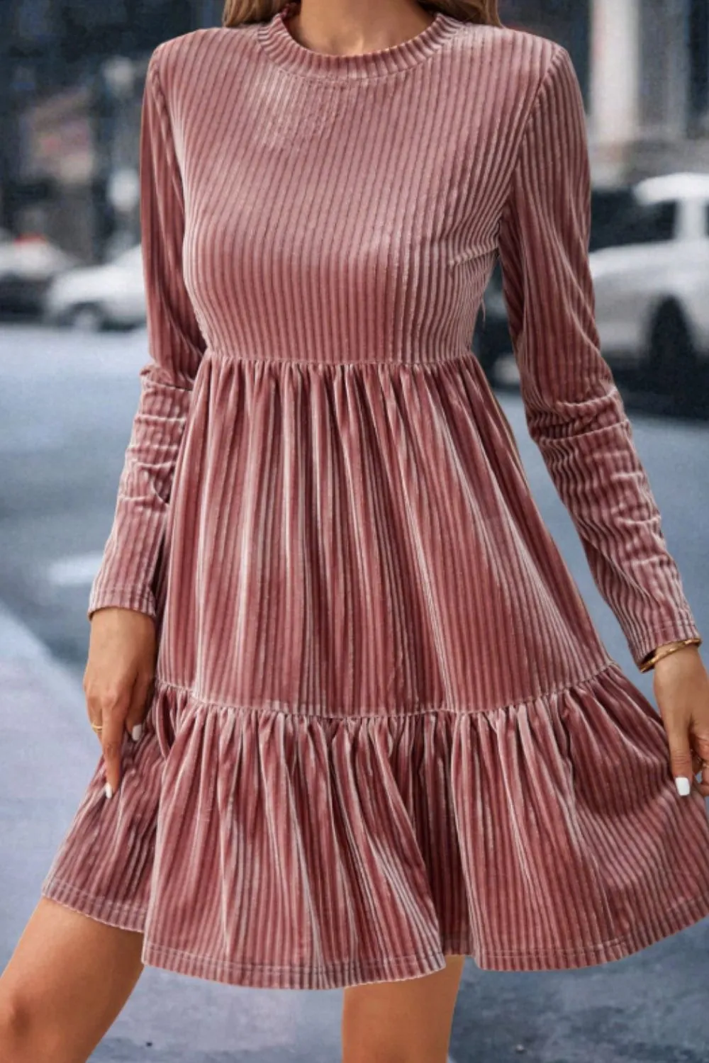 Ruffle Hem Round Neck Long Sleeve Dress, image 2