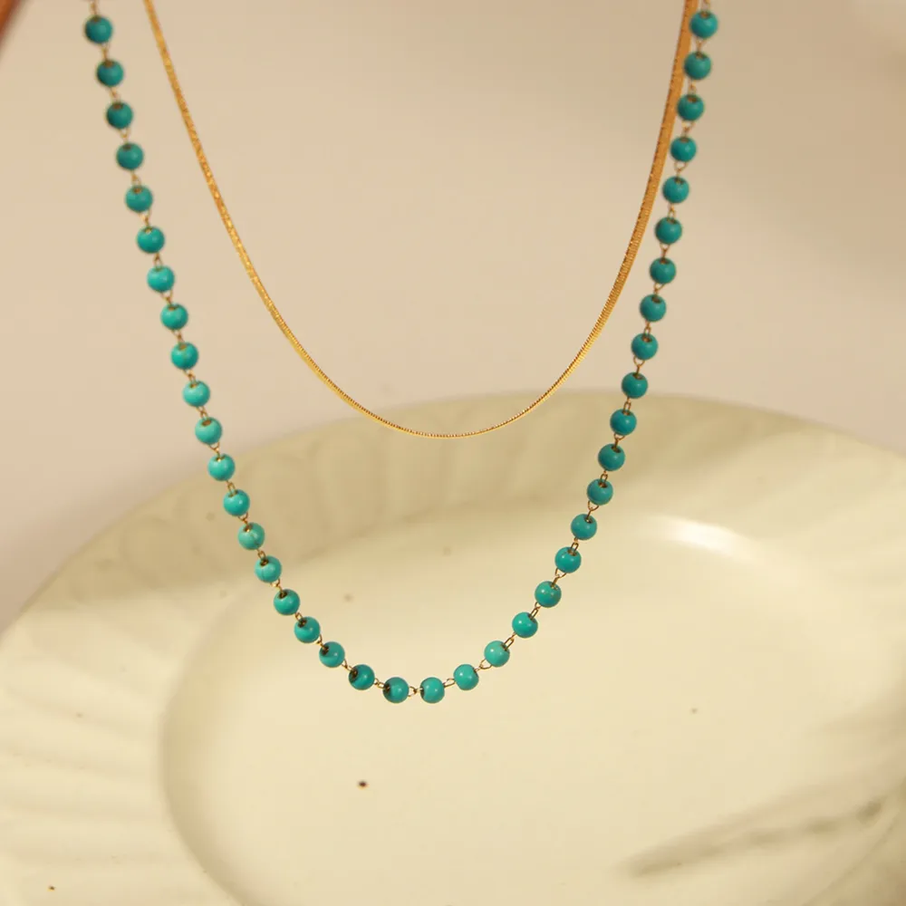 Turquoise Titanium Steel Double-Layered Necklace, image 3