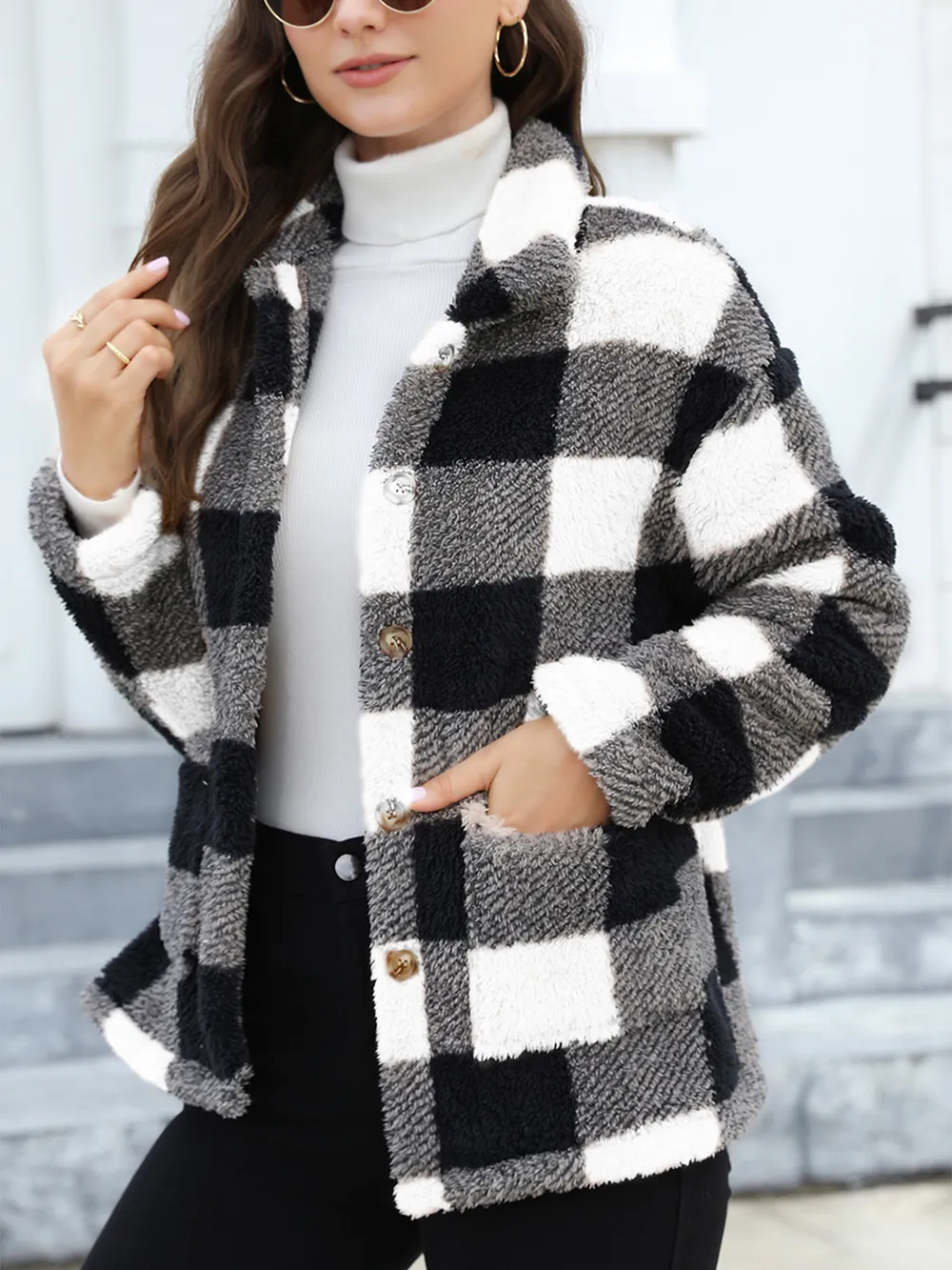 Button Up Drop Shoulder Fuzzy Jacket, image 18