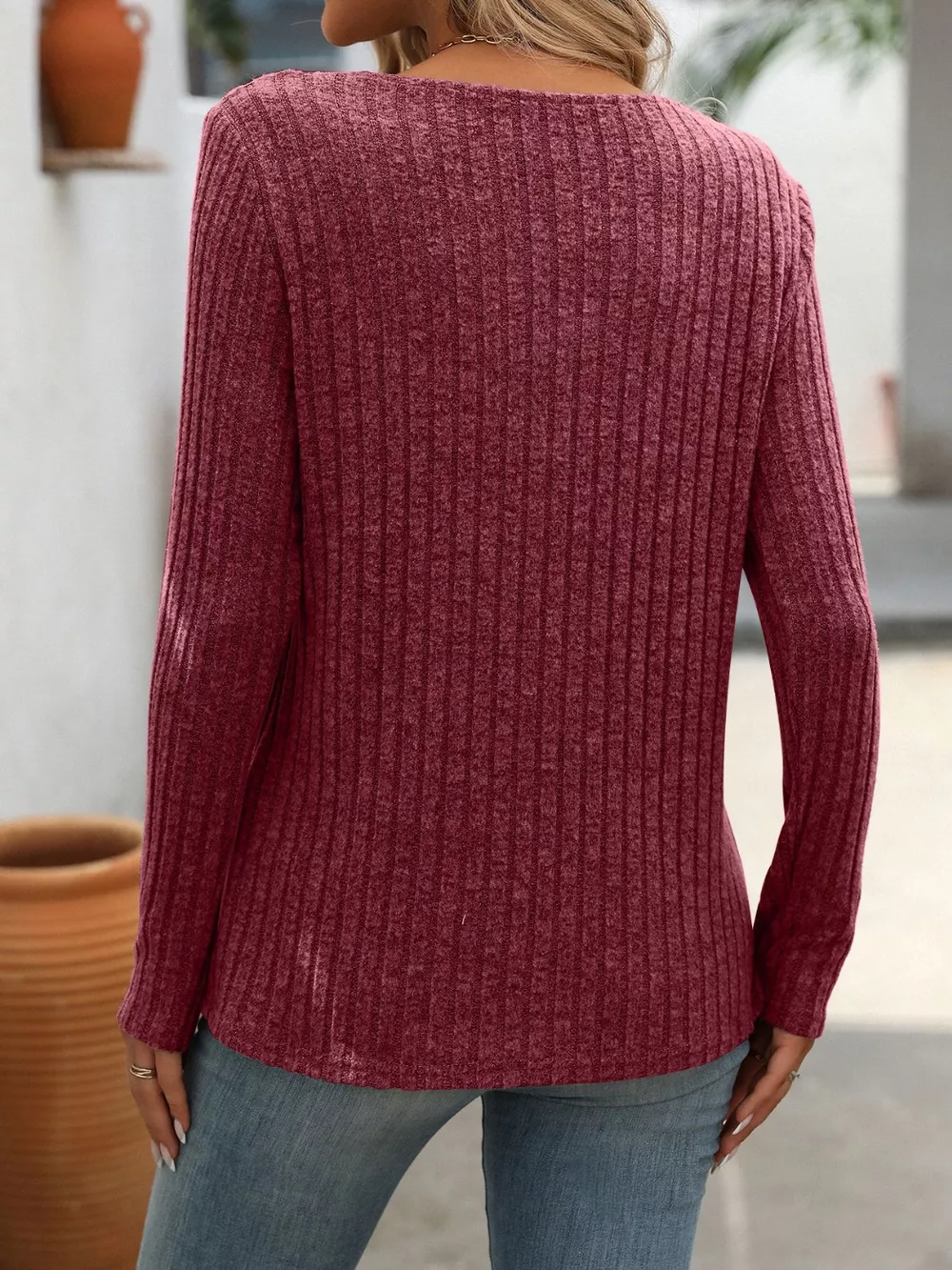Ribbed Knit Long Sleeve Button Detail T-Shirt, image 2