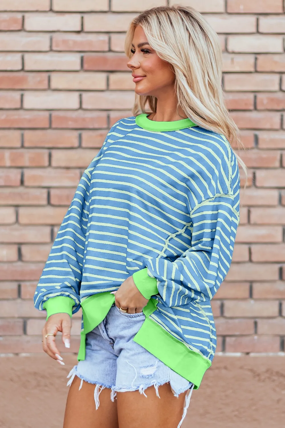 High-Low Striped Long Sleeve Sweatshirt, image 2