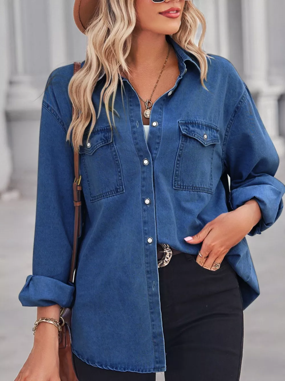 Button Down Washed Denim Shirt with Chest Pockets, image 2