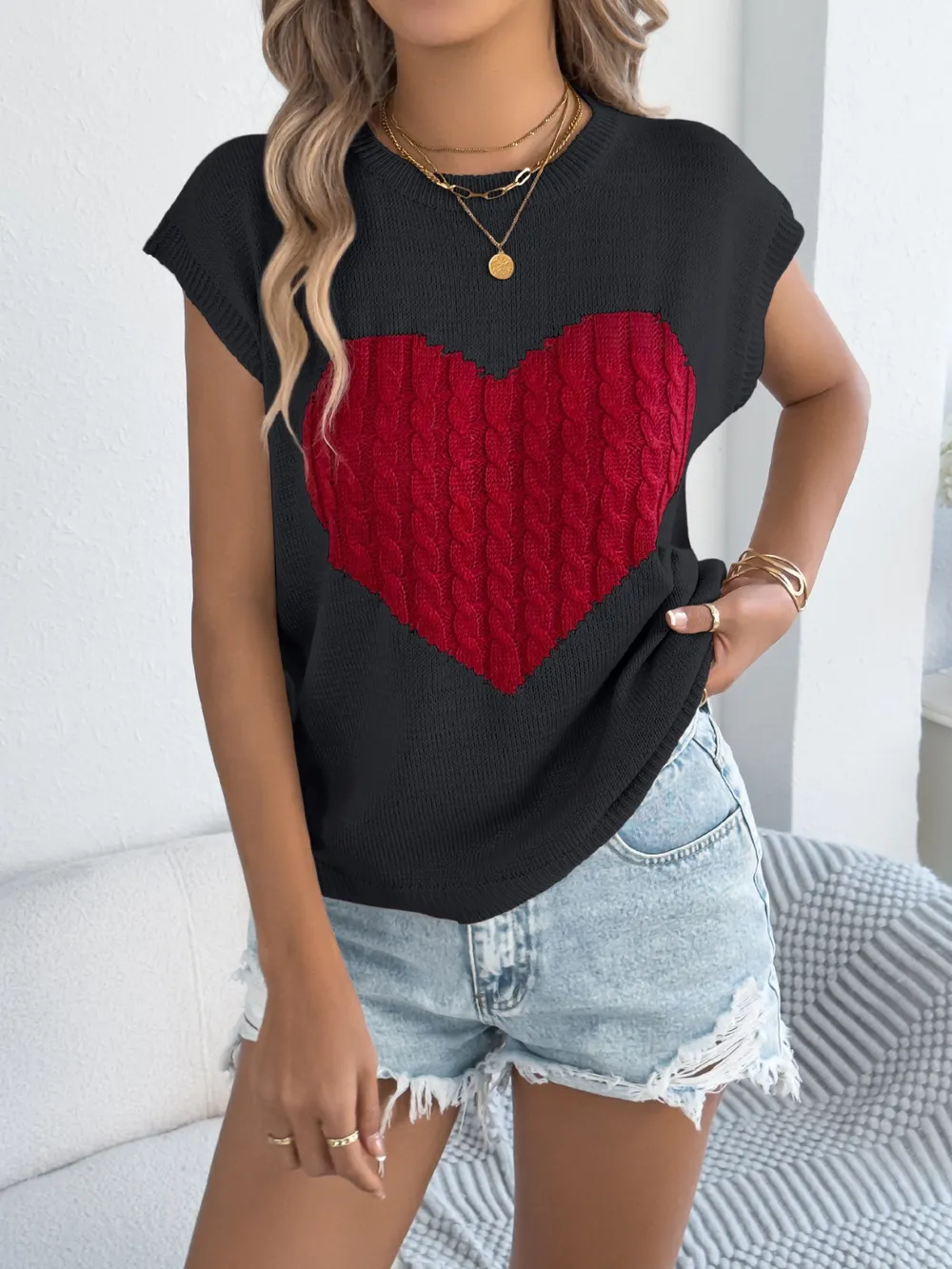 Cable Knit Heart Round Neck Cap Sleeve Knit Top, image 18