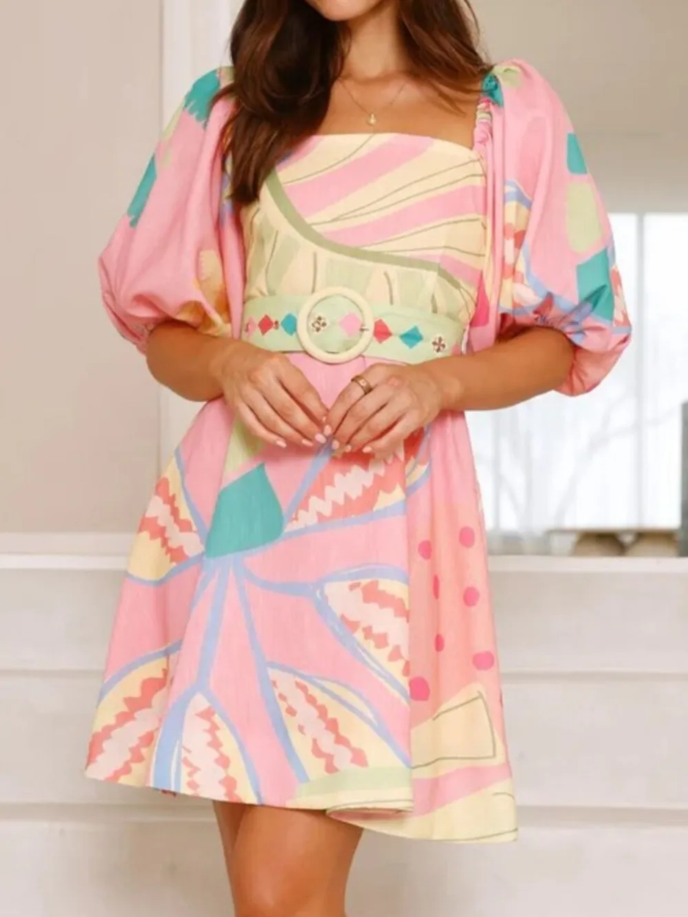 Colorful Print Belted Mini Dress with Puff Sleeves, image 8