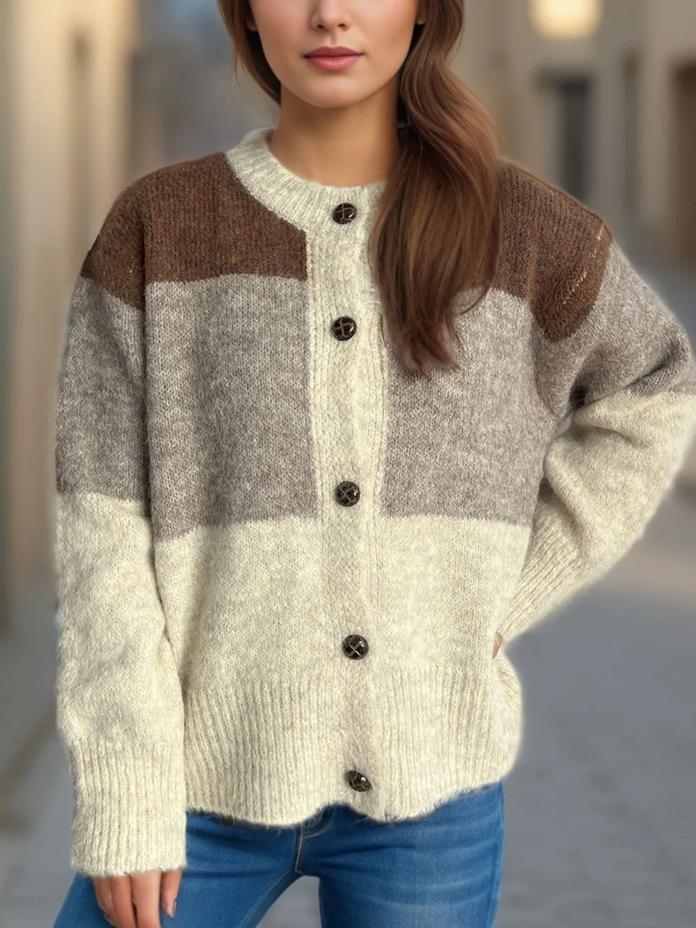Color Block Round Neck Button Up Cardigan, image 18