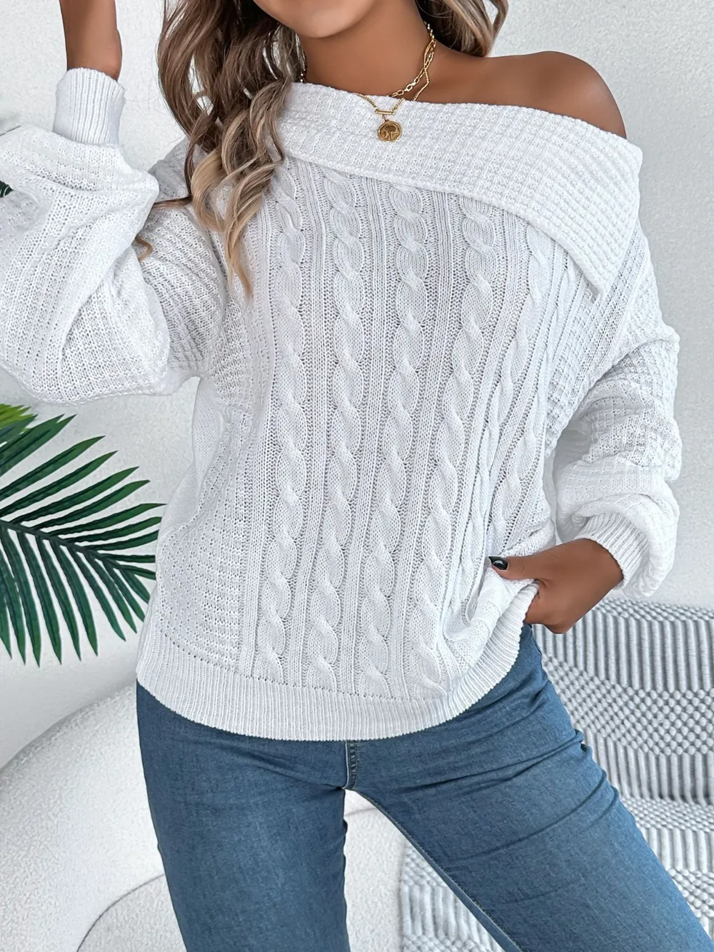 Cable-Knit One Shoulder Long Sleeve Sweater, image 13