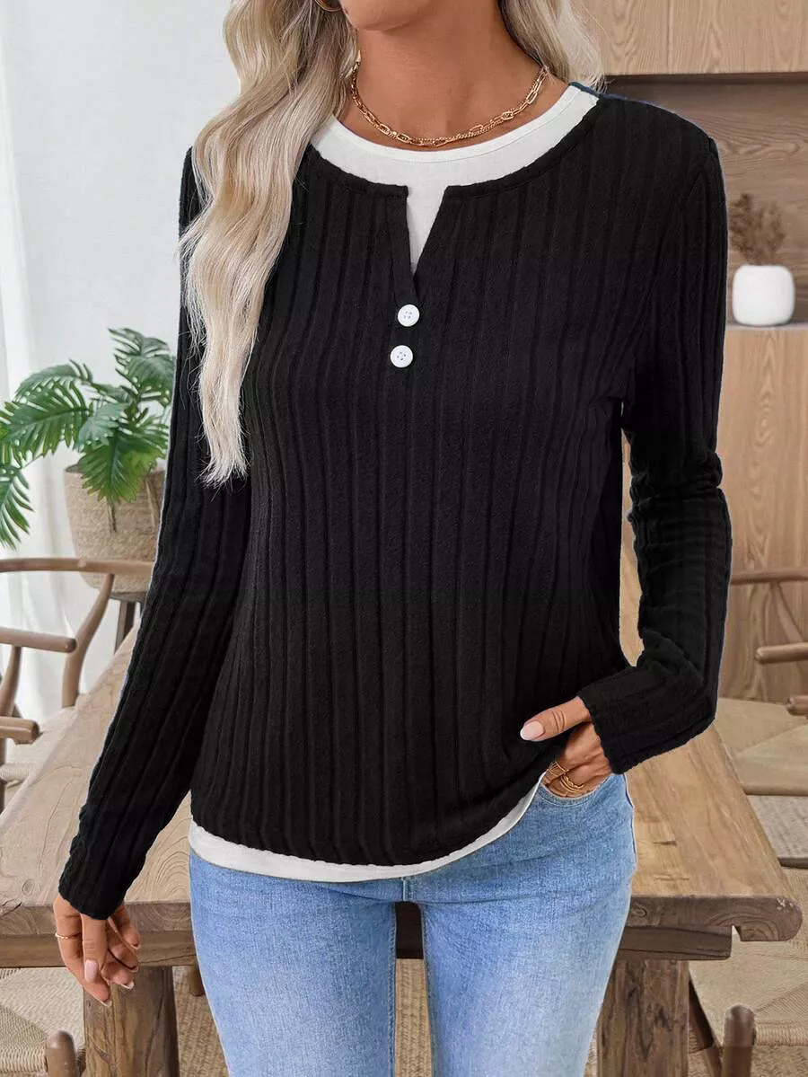 Ribbed Knit Long Sleeve Fake Two-Piece T-Shirt, image 4