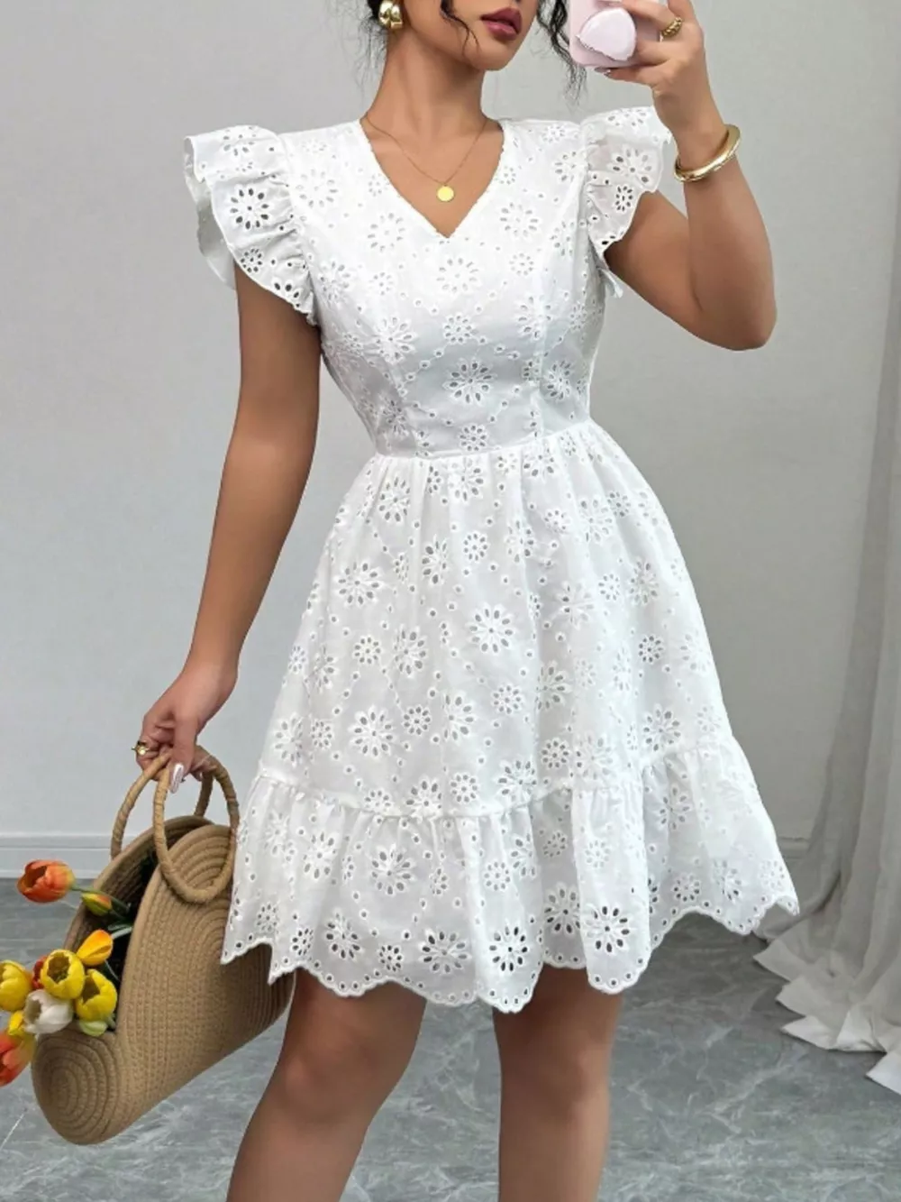 Eyelet Ruffle Sleeve Mini Dress