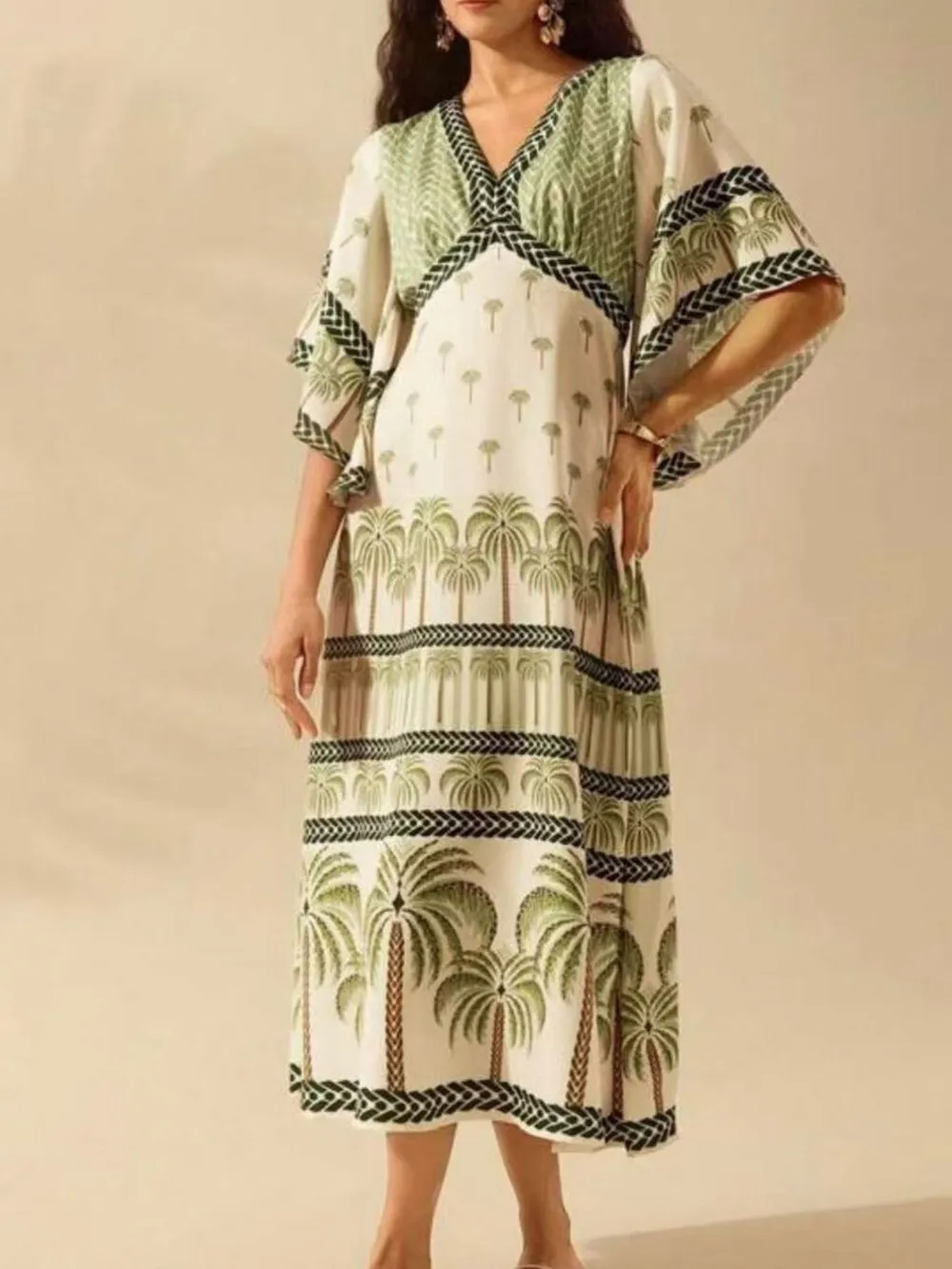 Palm Print V-Neck Midi Dress, image 3