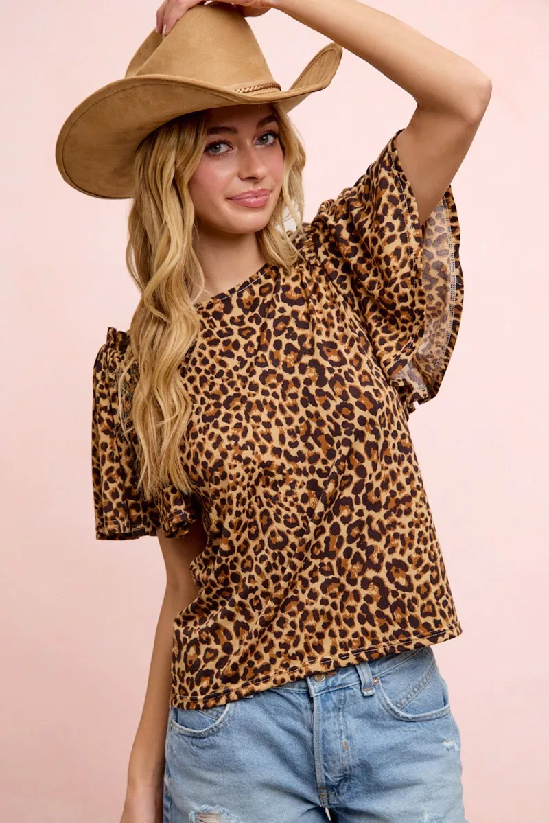 BiBi Leopard Printed Spandex Jersey Ruffle Sleeve Top, image 5