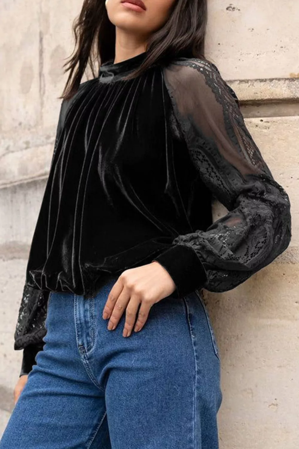 Solid Color Sheer Lace Long Sleeve Patchwork Stand Neck Velvet Blouse, image 3