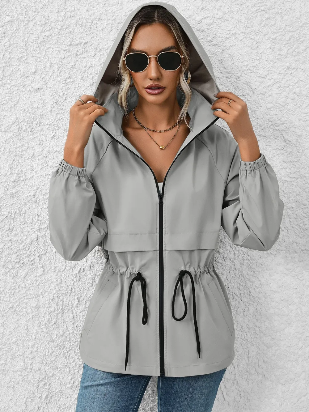 Drawstring Zip Up Hooded Jacket, image 3