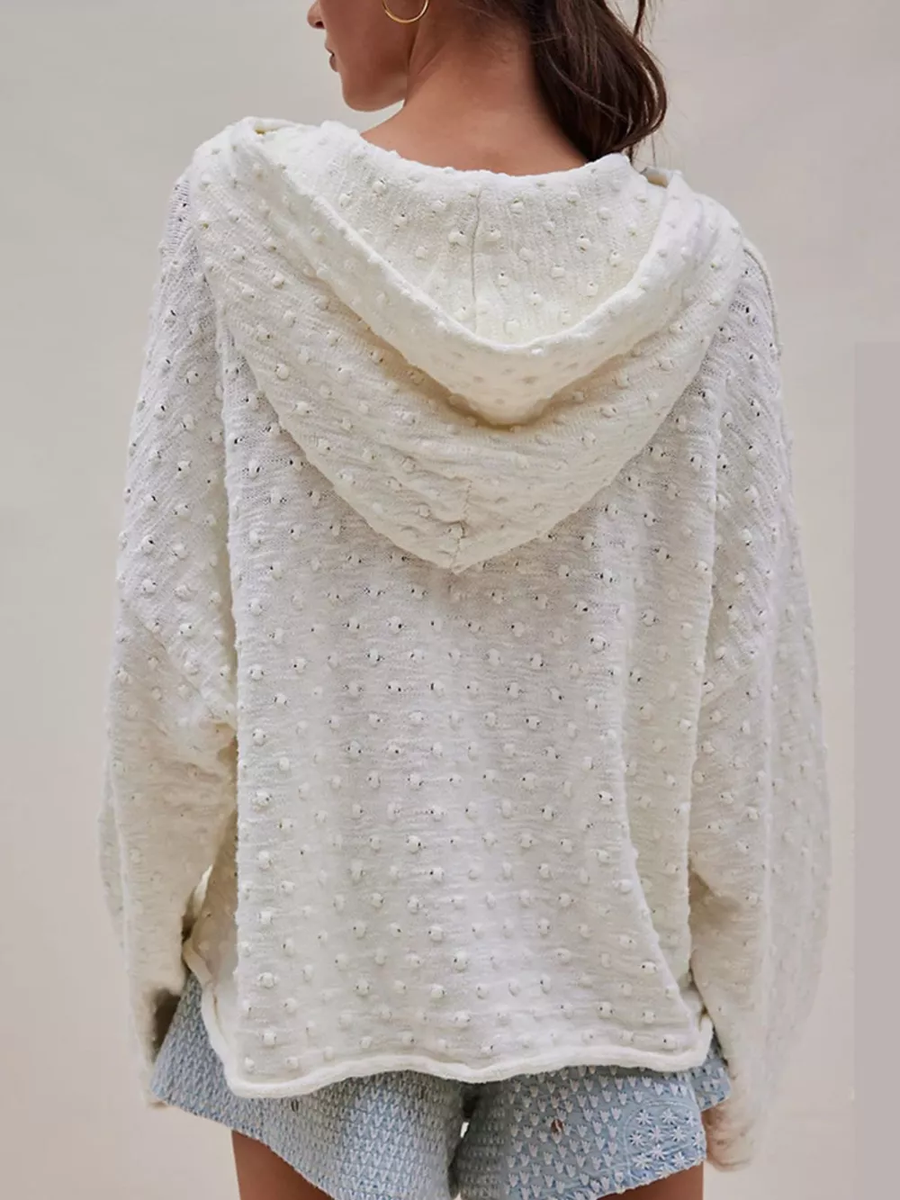 Textured Dot Knit Long Sleeve Hooded Sweater, image 2