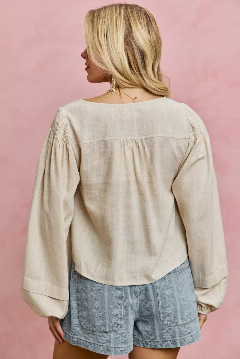 Linen Blend Woven Long Sleeve With Smocking Top, image 7