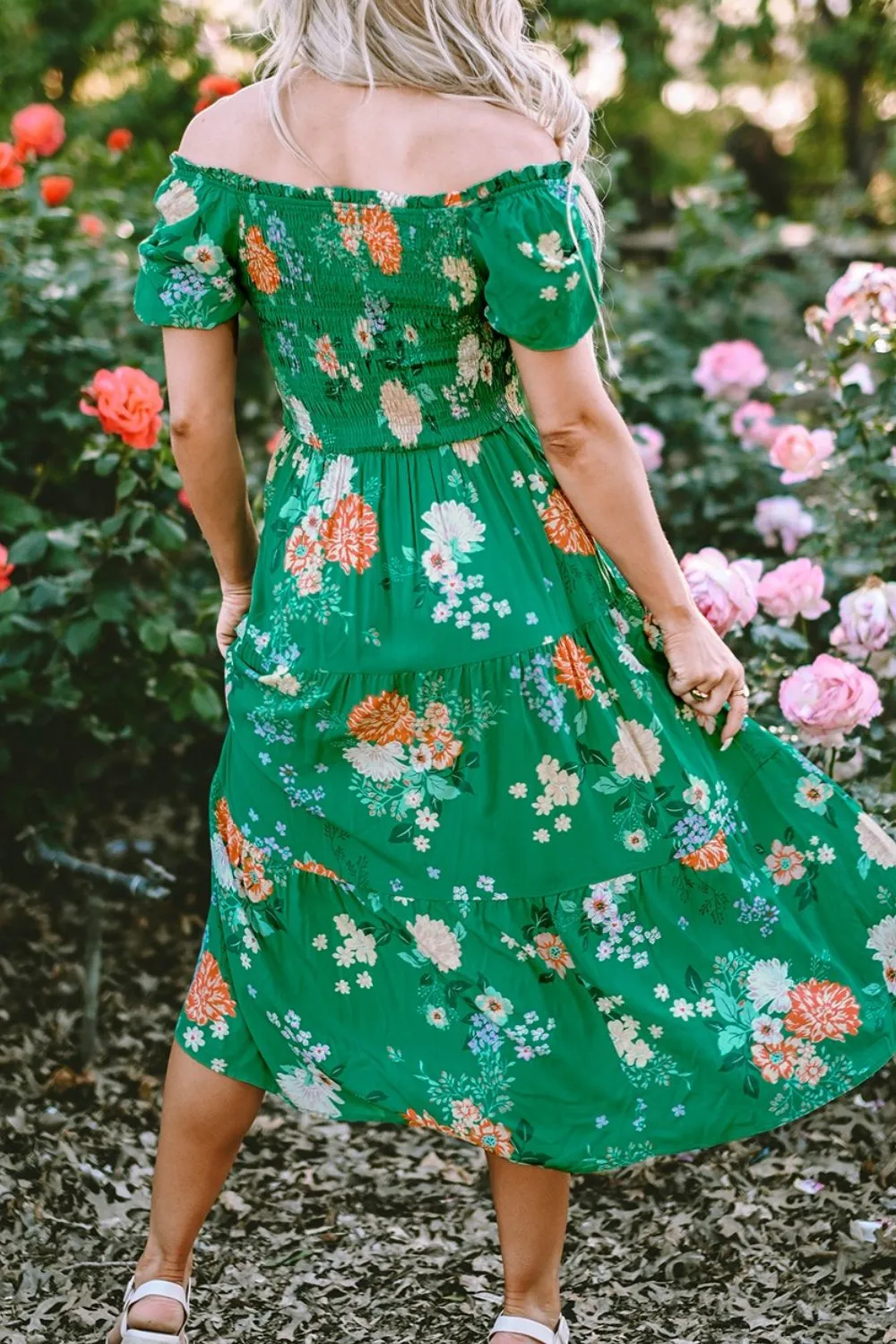 Floral Print Bubble Sleeve Smocked Tiered Midi Dress, image 2