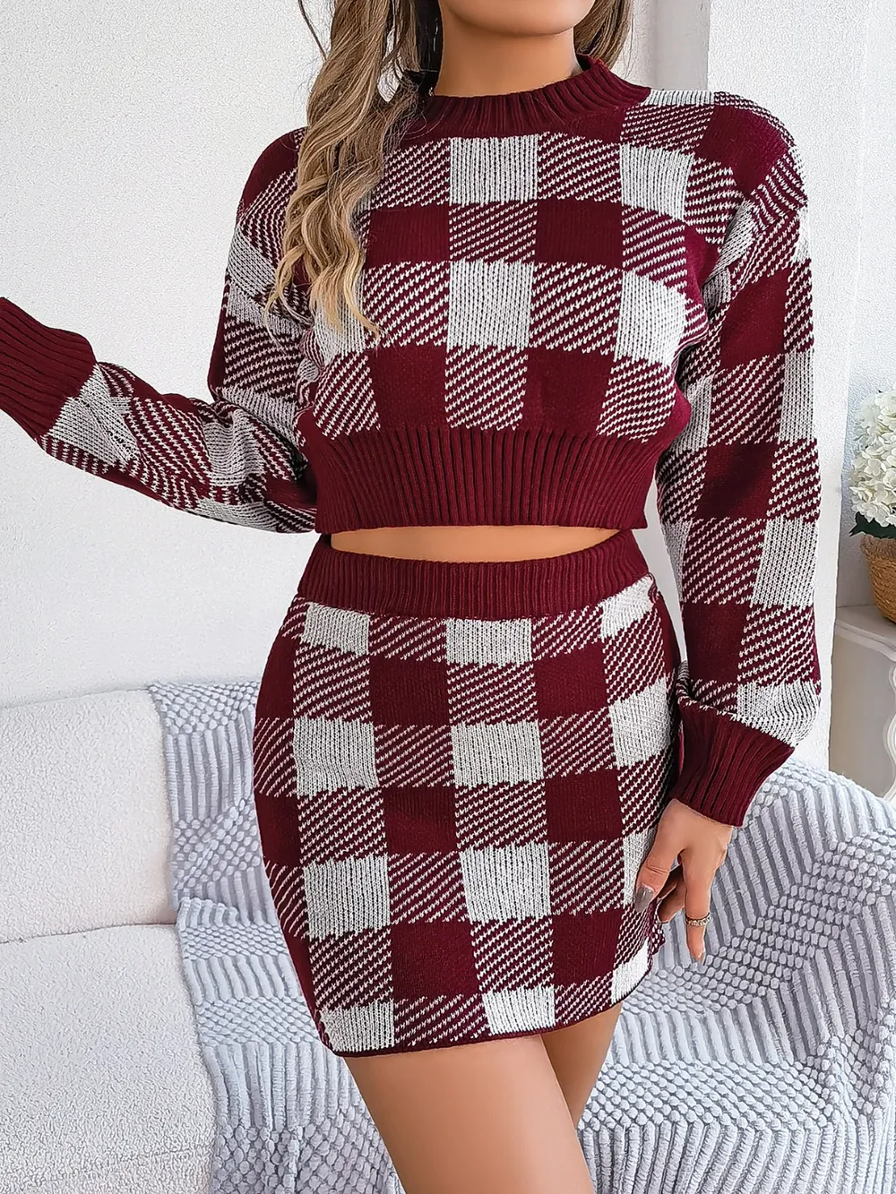 Plaid Round Neck Top and Skirt Sweater Set, image 8