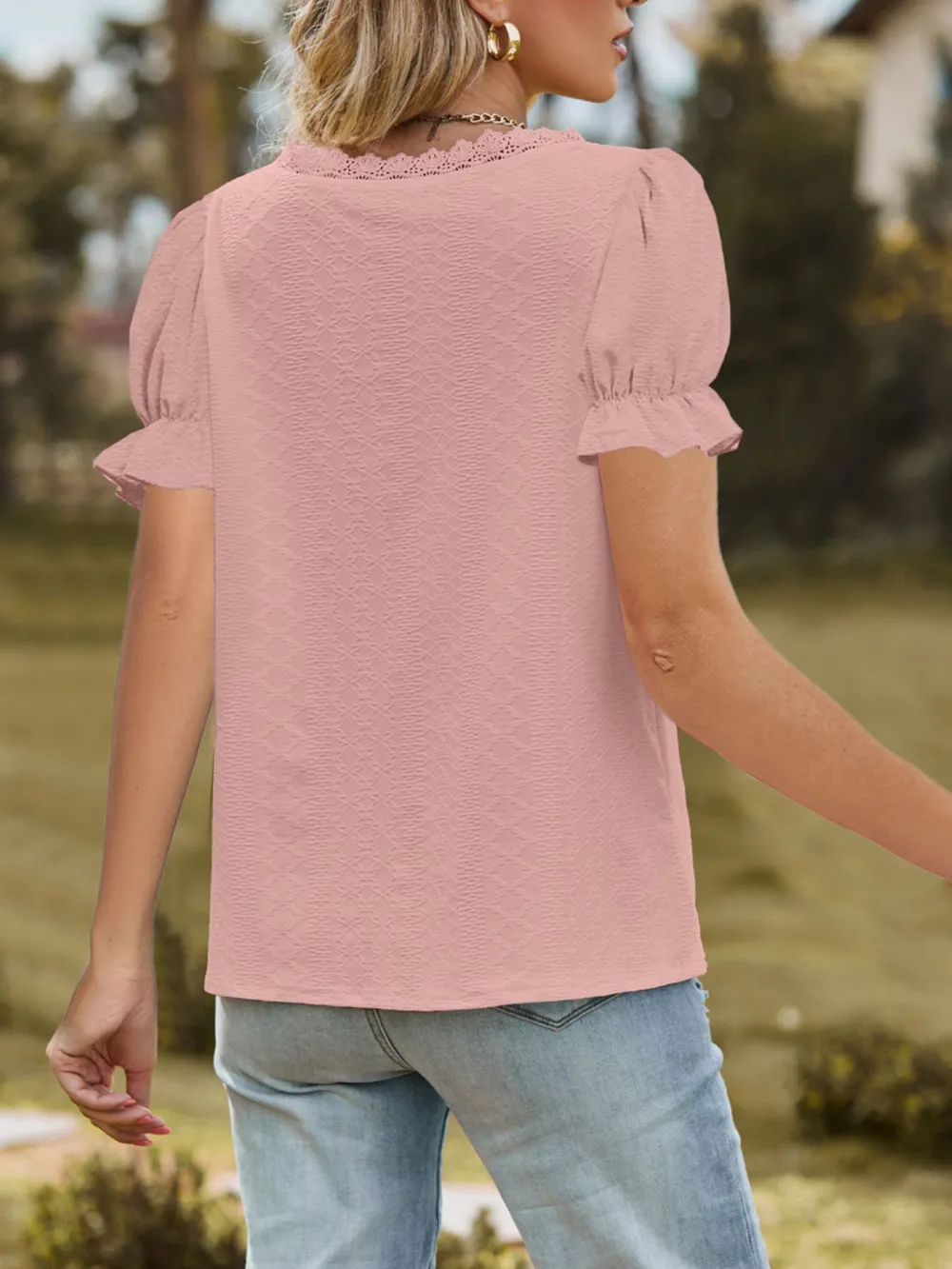 Lace Trim V-Neck Puff Sleeve Blouse, image 2