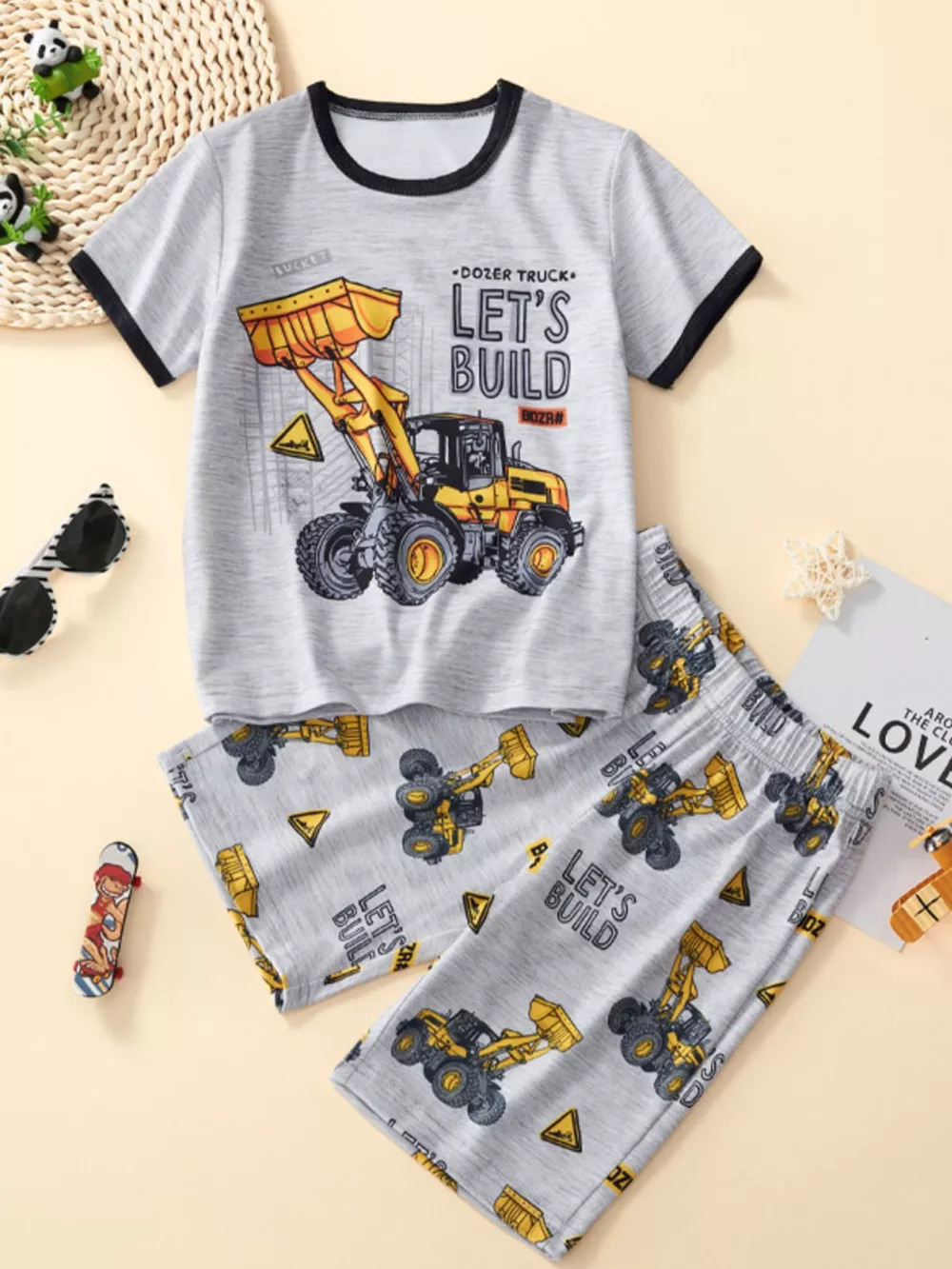 Children's Bulldozer Print Casual Tee and Shorts Set