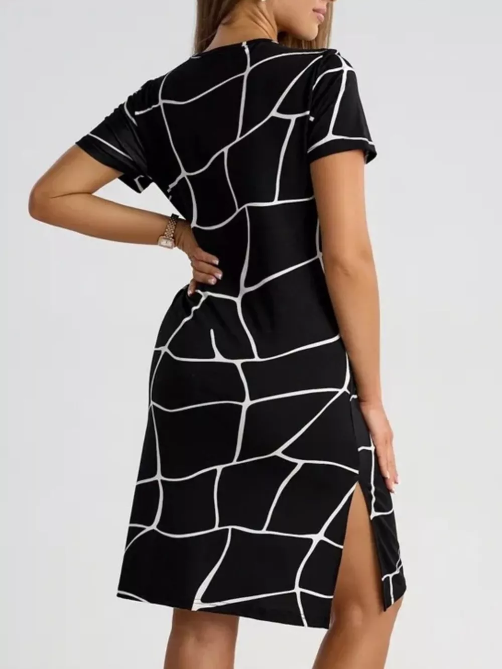 Full Size Geometric Print Midi Dress with Side Slit Plus Size, image 3