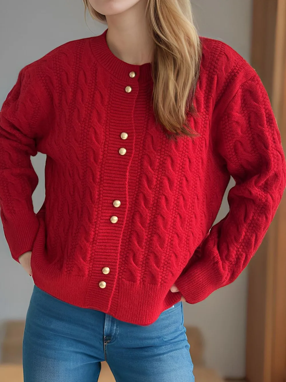 Cable-Knit Round Neck Long Sleeve Cardigan, image 14