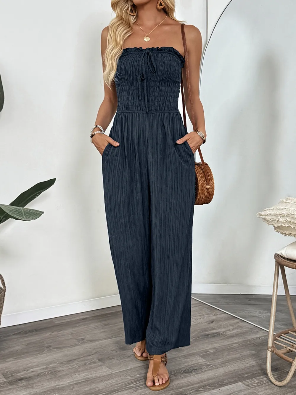 Smocked Tube Wide Leg Jumpsuit