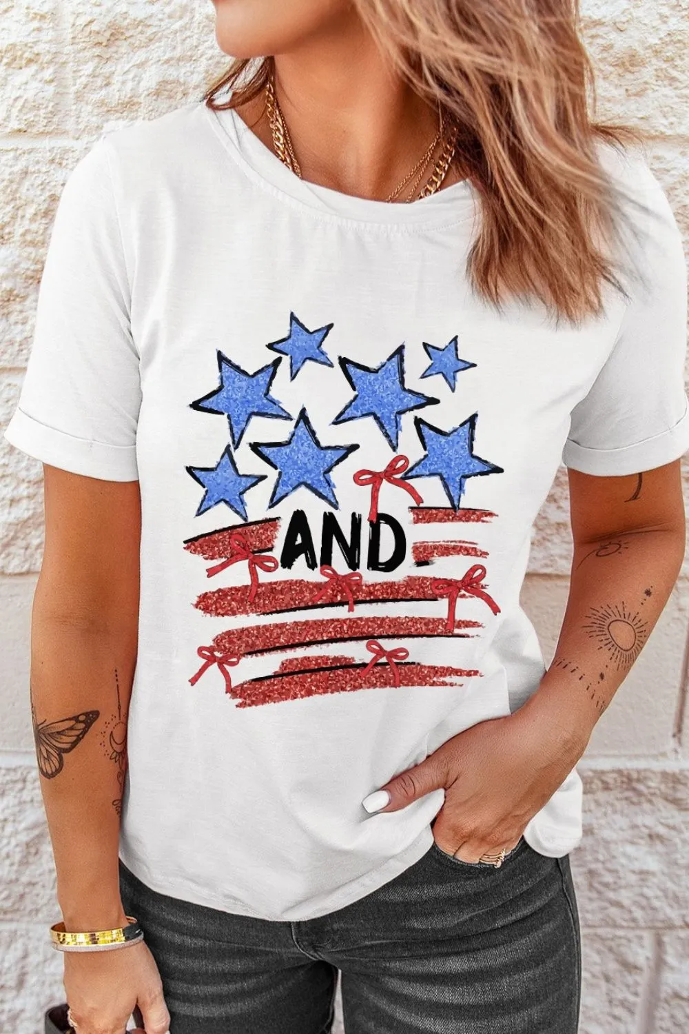 Stars and Stripes Bow Graphic T Shirt, image 2