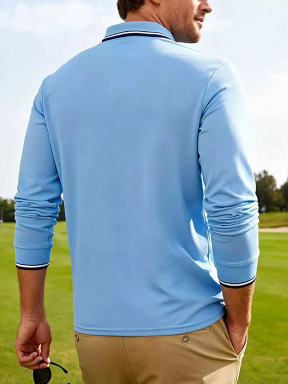 Men's Full Size Classic Long-Sleeve Polo with Striped Collar Plus Size, image 10