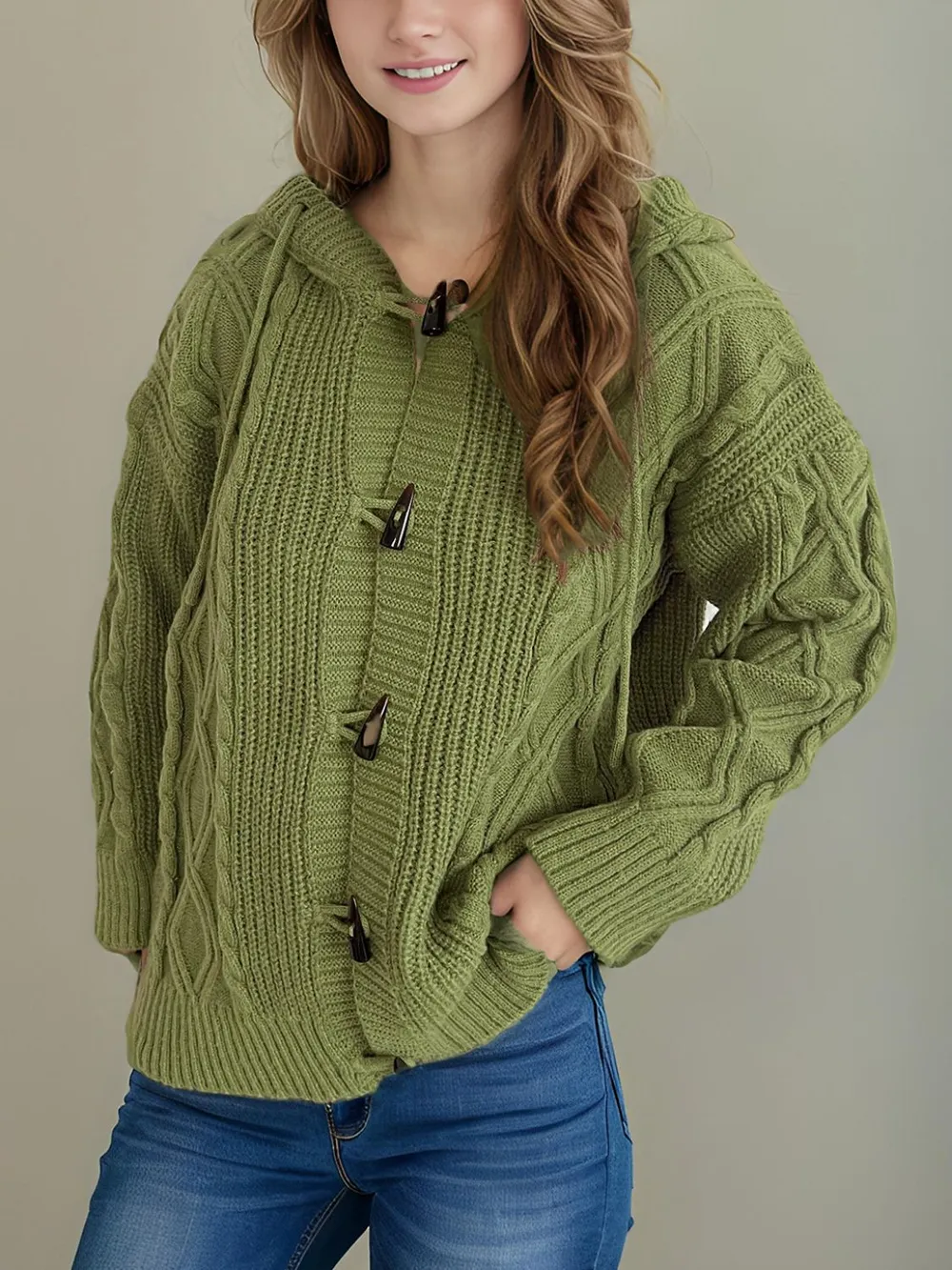 Cable-Knit Long Sleeve Hooded Cardigan, image 2