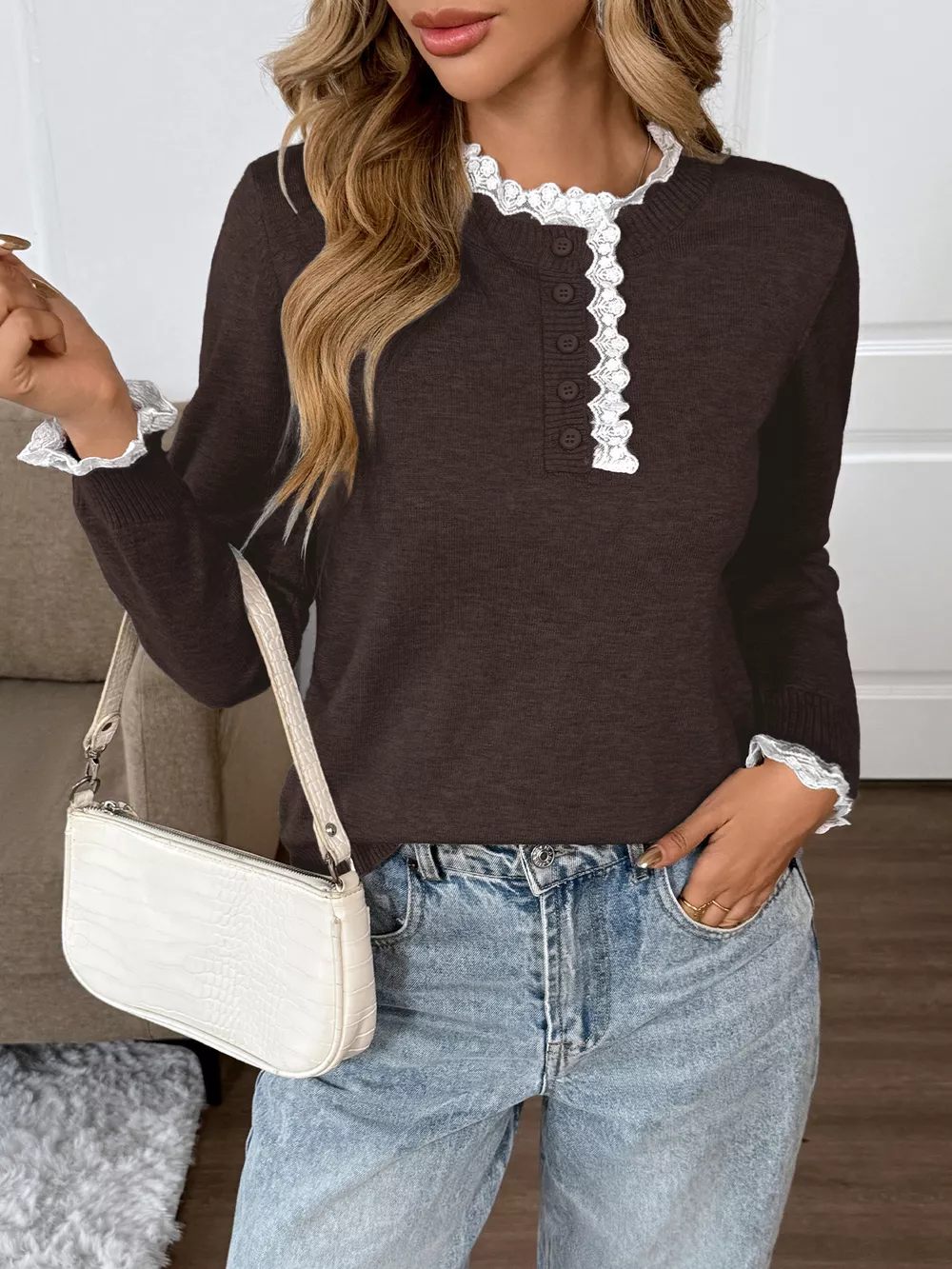 Lace Trim Button Detail Sweater, image 31