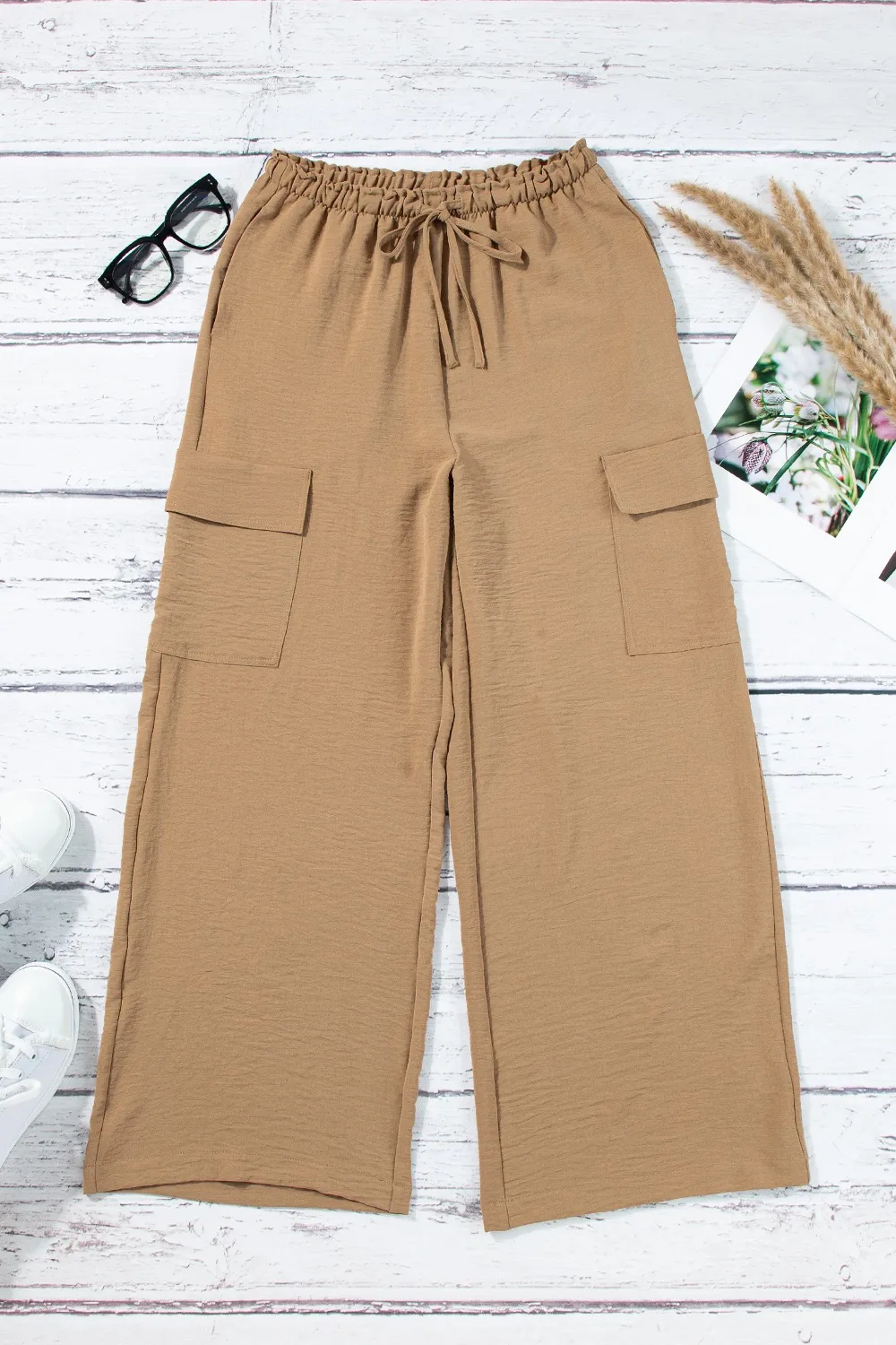 Drawstring Frilled Waist Wide Leg Utility Trousers, image 4