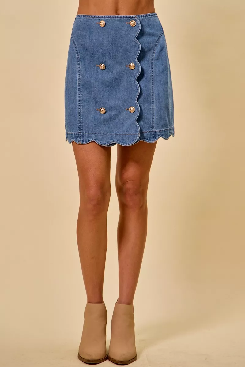 Denim Scalloped Buttoned Front Skirt, image 2
