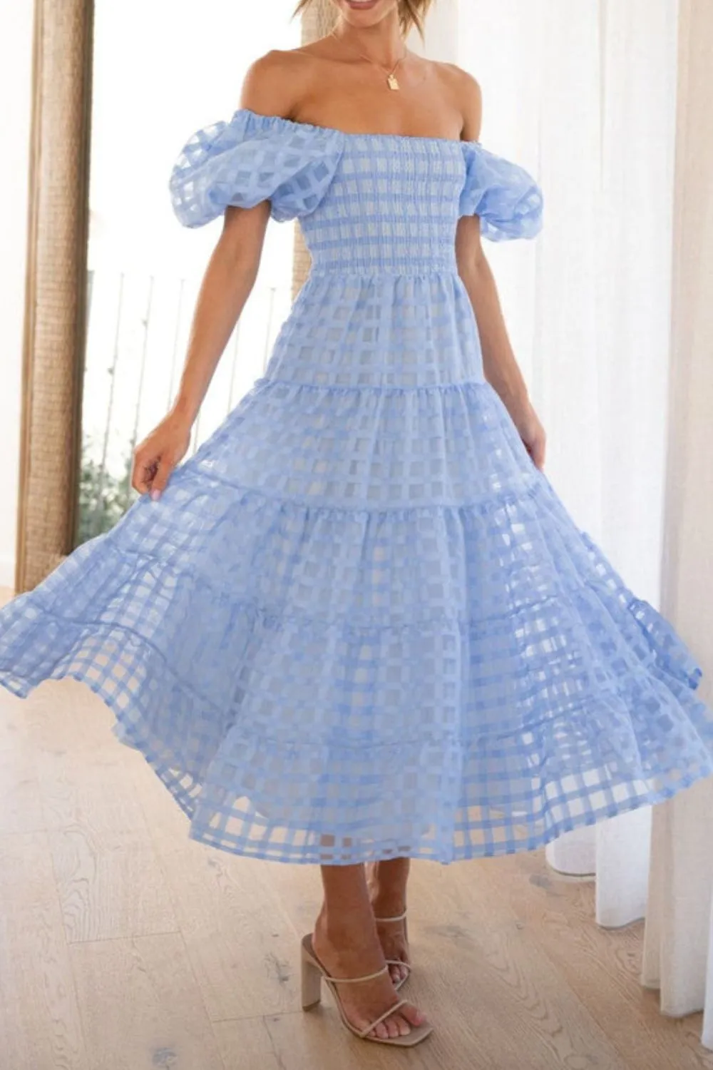 Off Shoulder Short Puff Sleeve Midi Dress, image 3