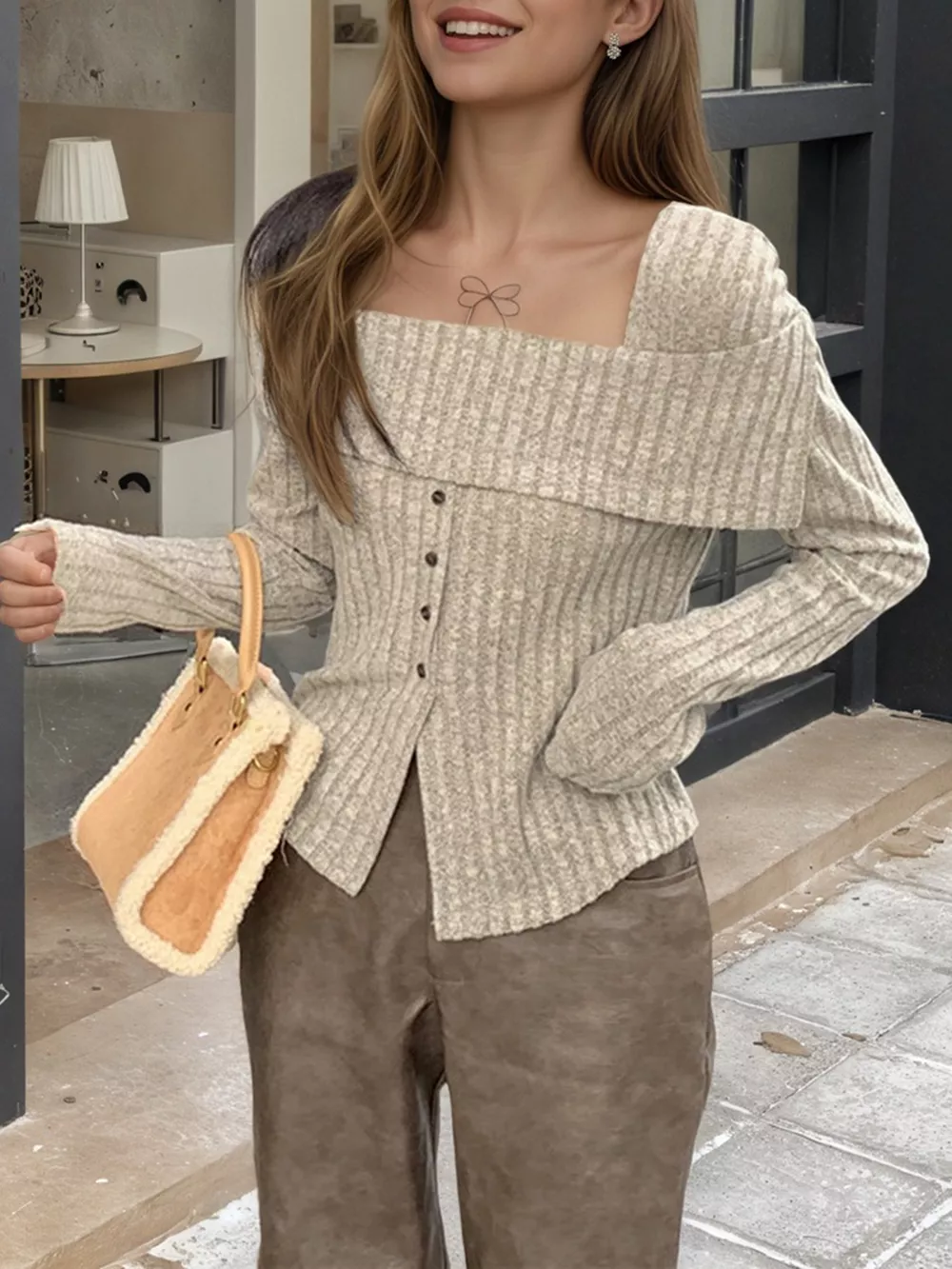 Ribbed Square Neck Long Sleeve Top, image 6