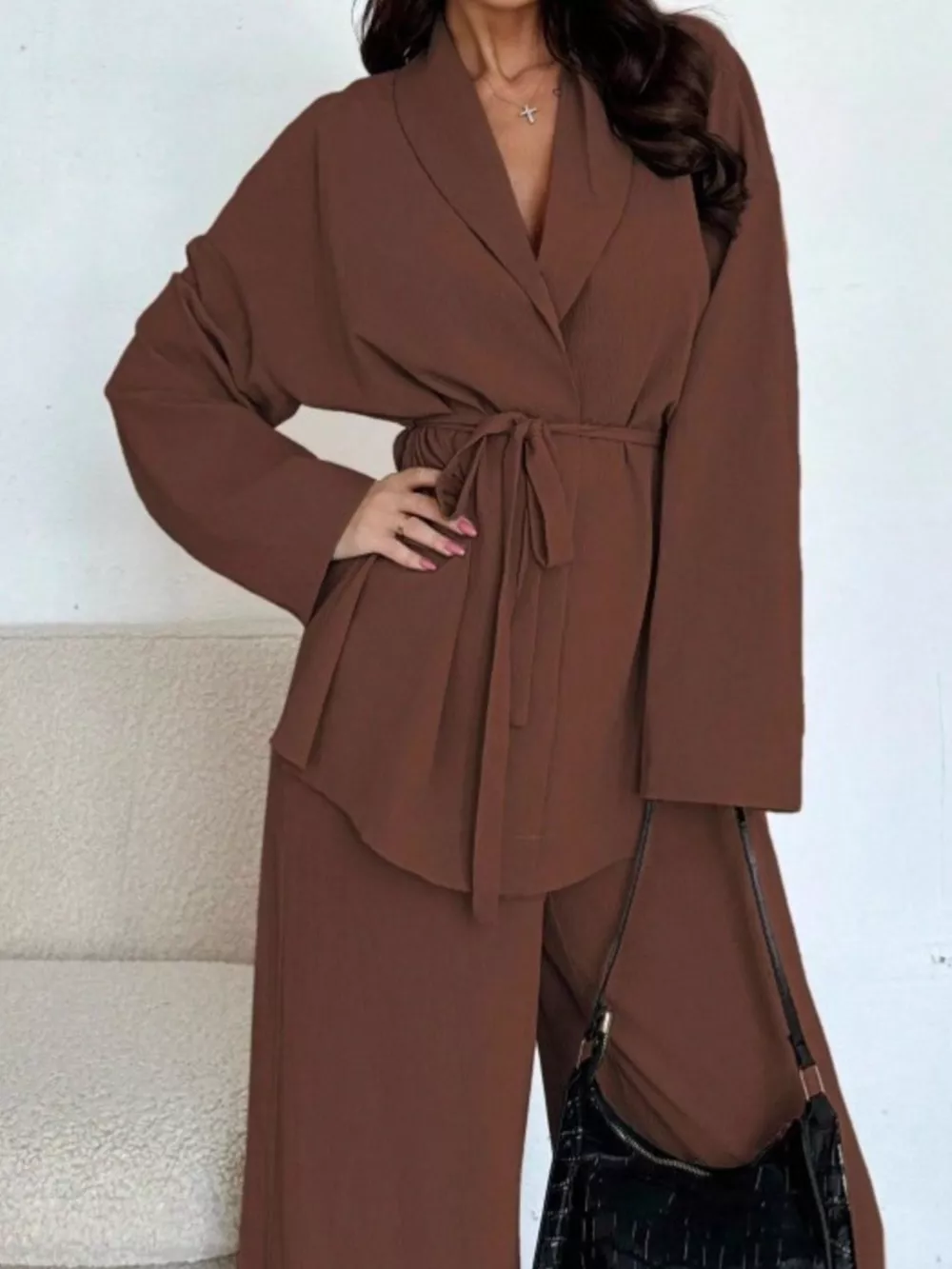 Front Tied Shirt and Wide-Leg Pants Set, image 16