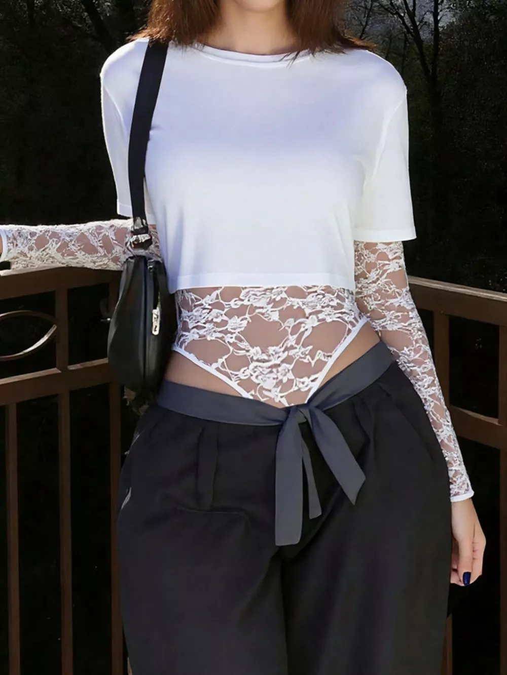 Lace Patchwork Round Neck Bodysuit, image 2