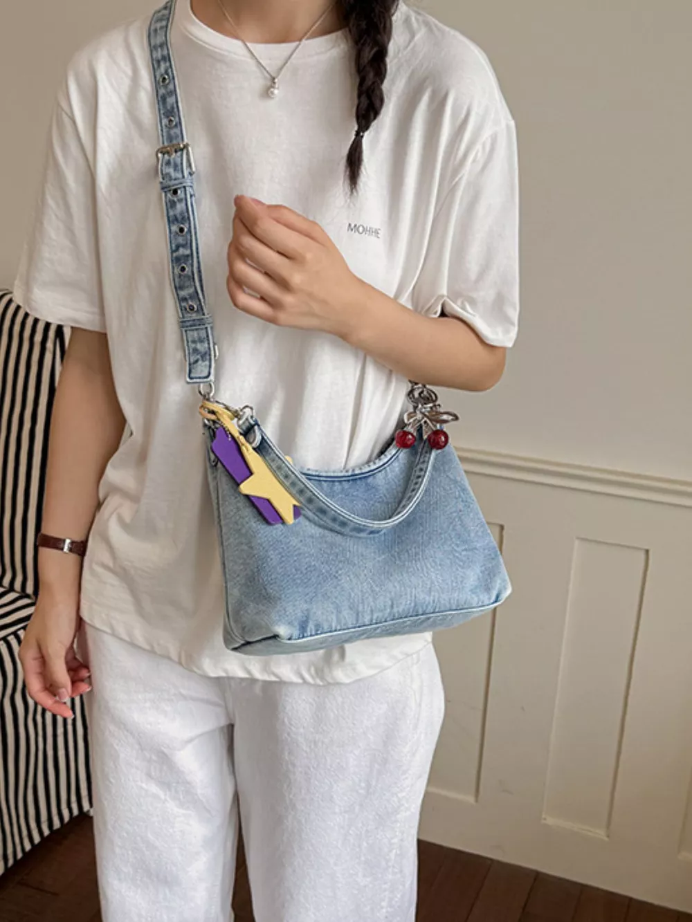 Star Charm Denim Shoulder Bag, image 6